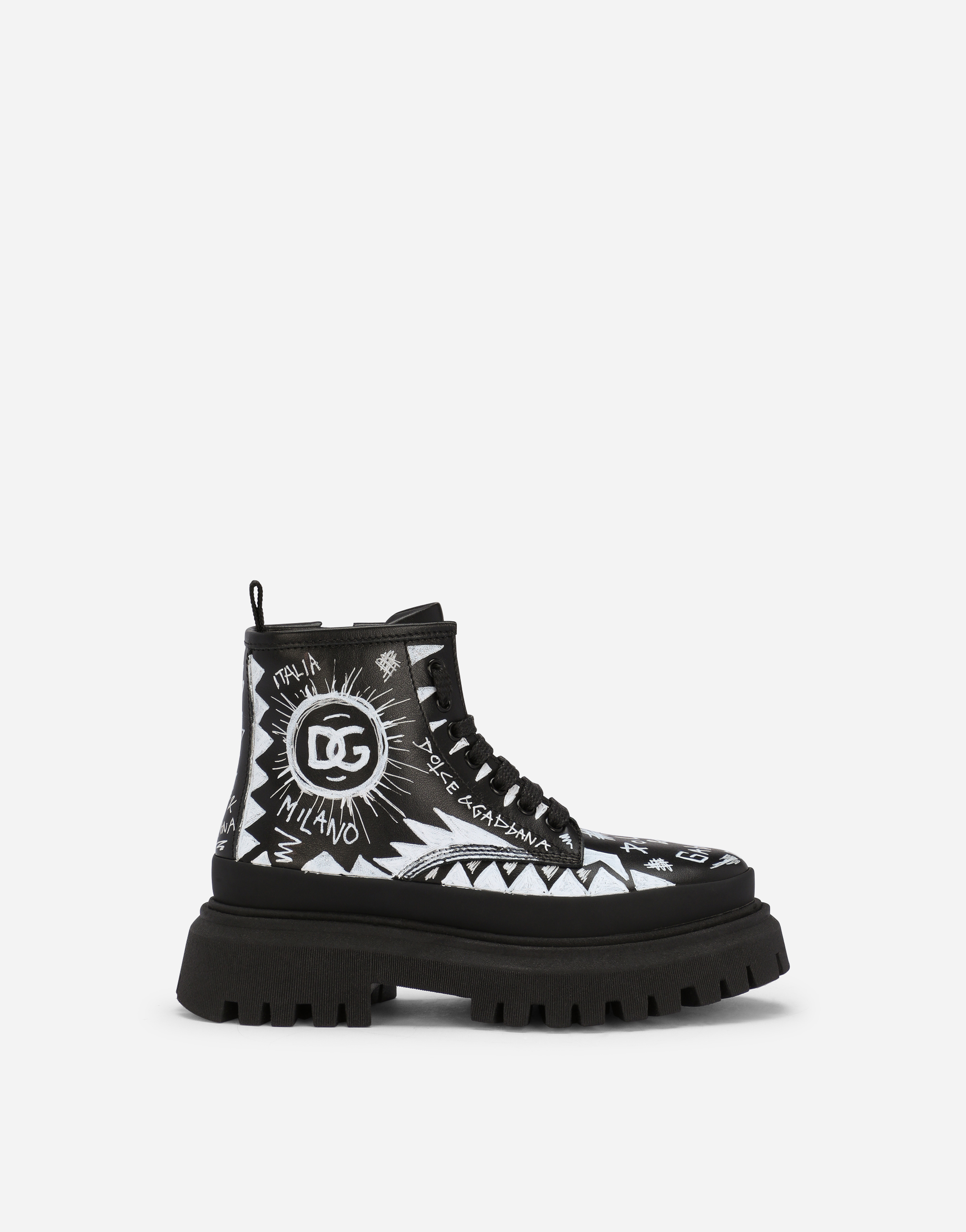 DOLCE & GABBANA CALFSKIN COMBAT BOOTS WITH GRAFFITI PRINT