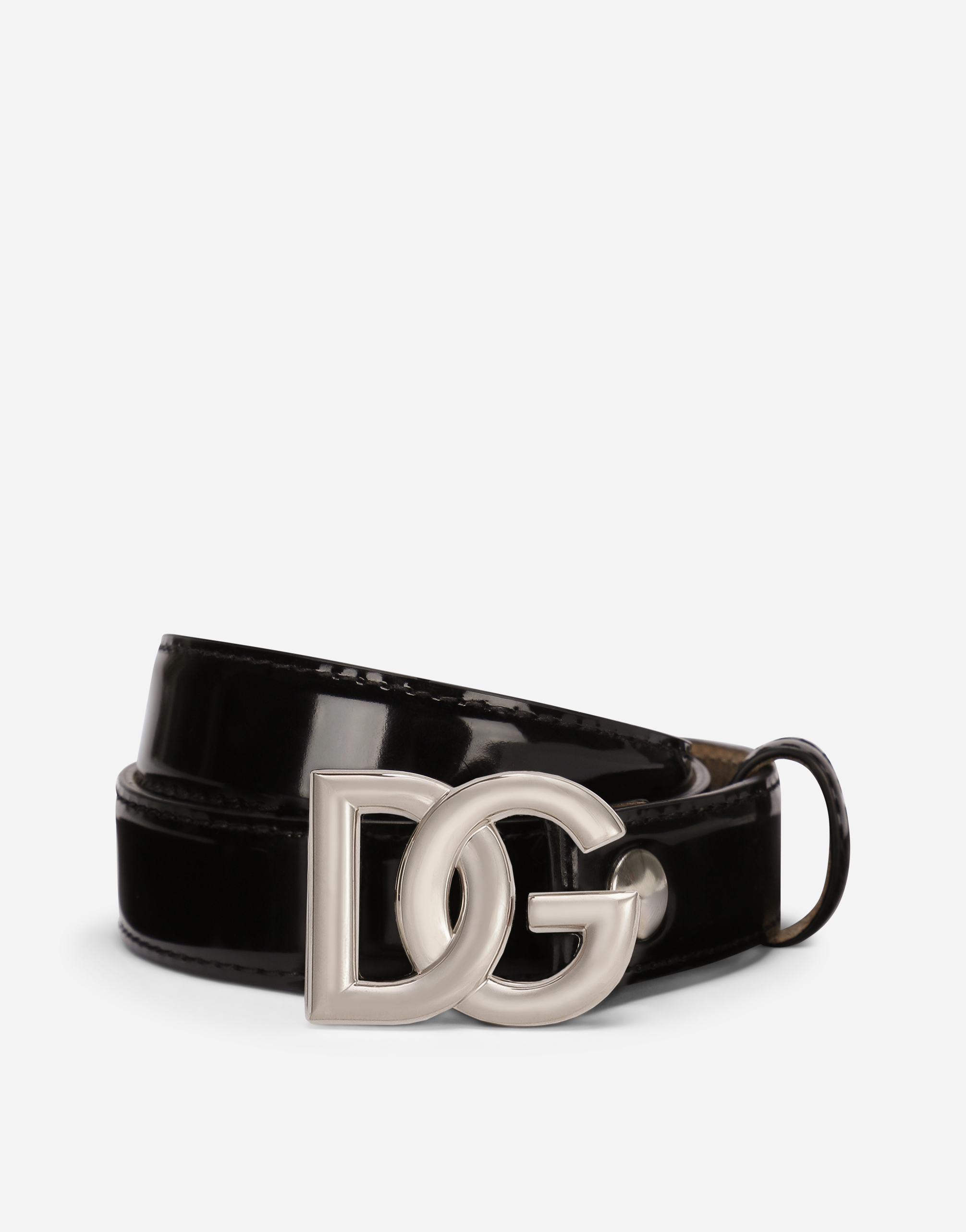 Dolce & Gabbana Shiny Calfskin Belt With Dg Logo In Black