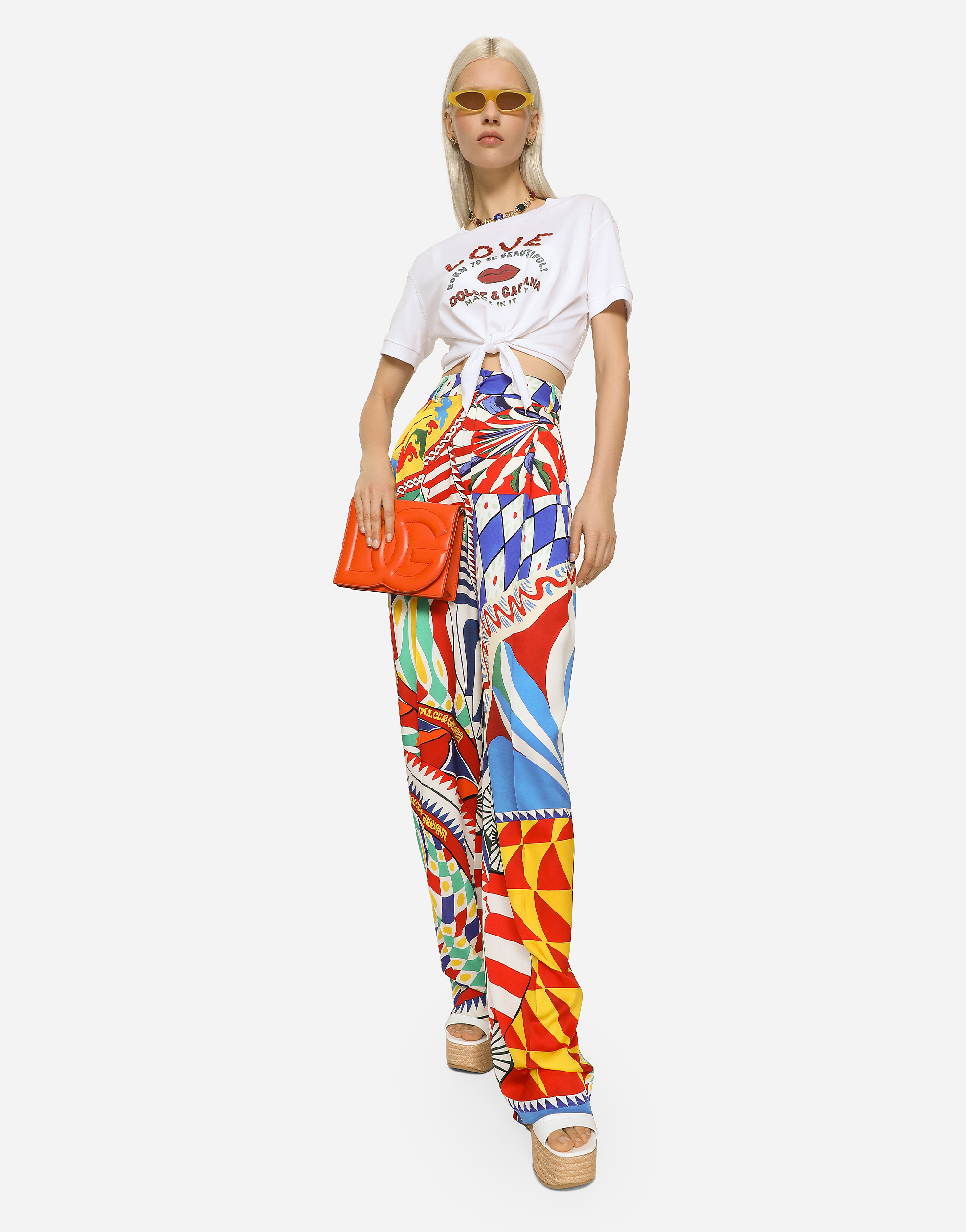 DOLCE & GABBANA FLARED CARRETTO-PRINT CHARMEUSE PANTS