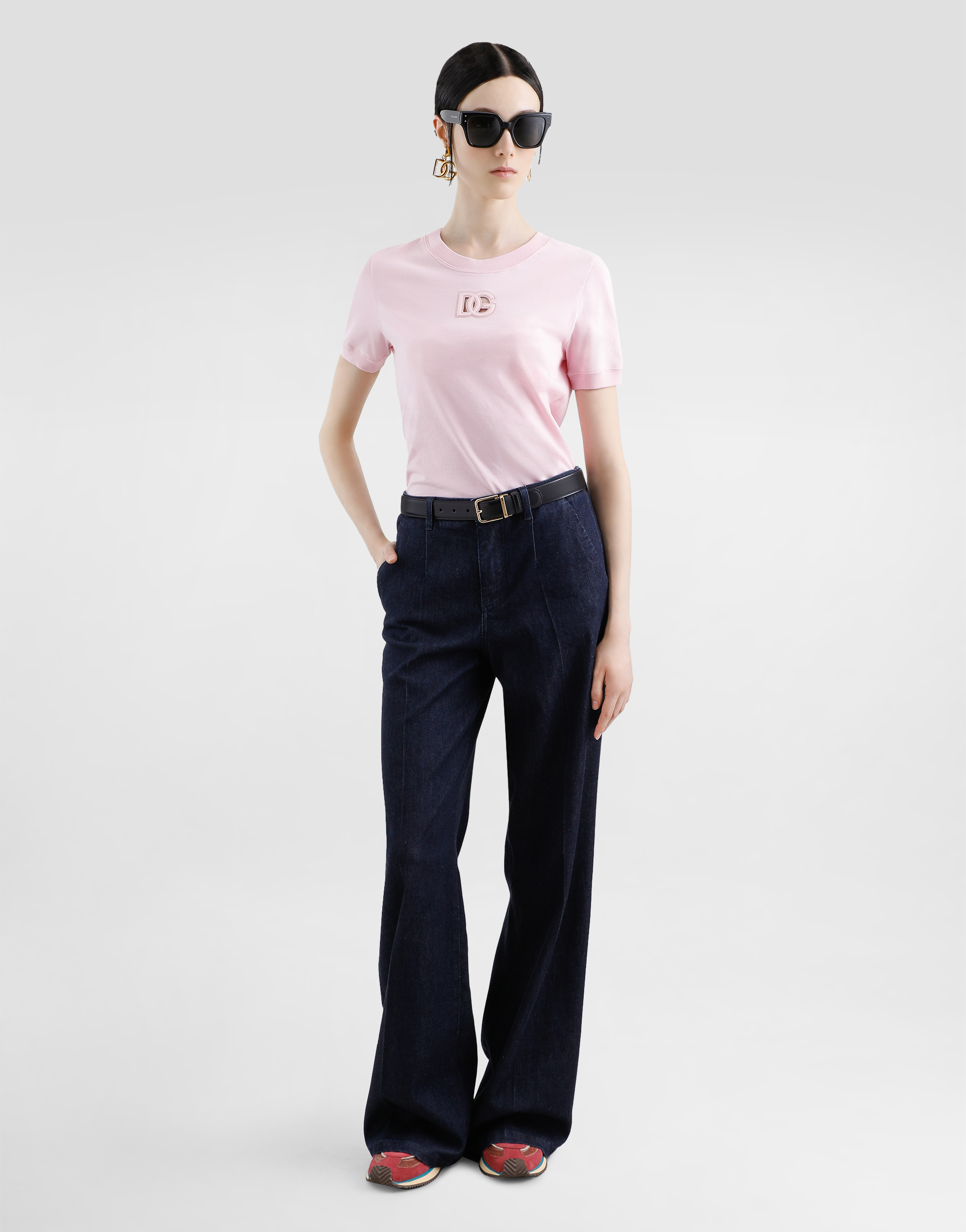 Dolce & Gabbana Jersey T-shirt With Raised Dg Logo Embroidery In Pink