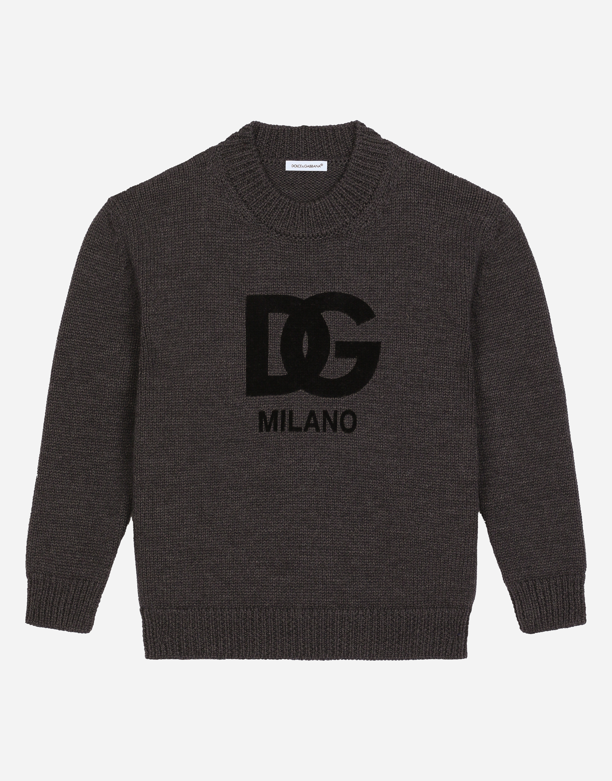 Dolce & Gabbana Wool Round-neck Jumper With Flocked Dg Logo In Multicolor