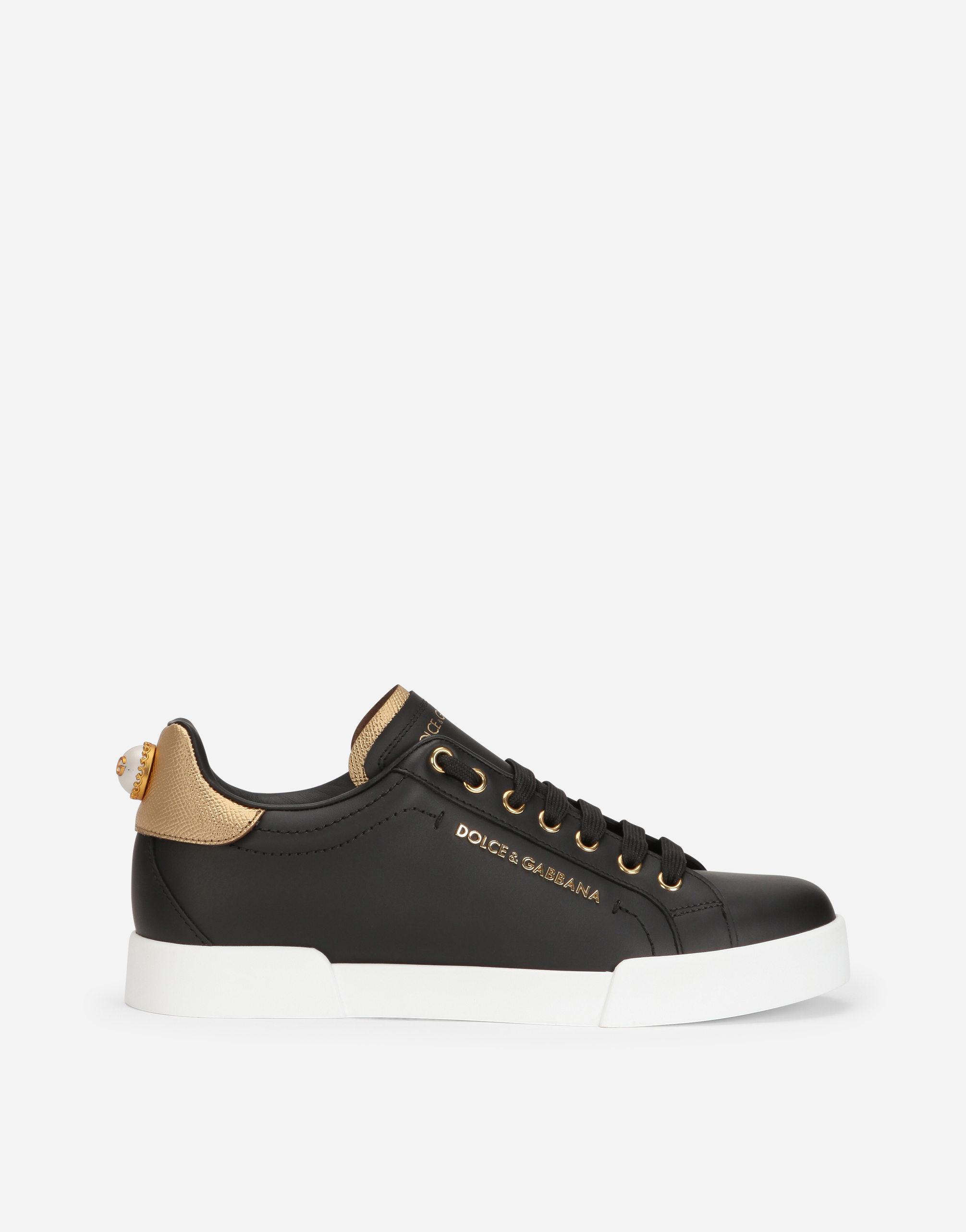 Dolce & Gabbana Embellished Leather Sneakers In Black/gold