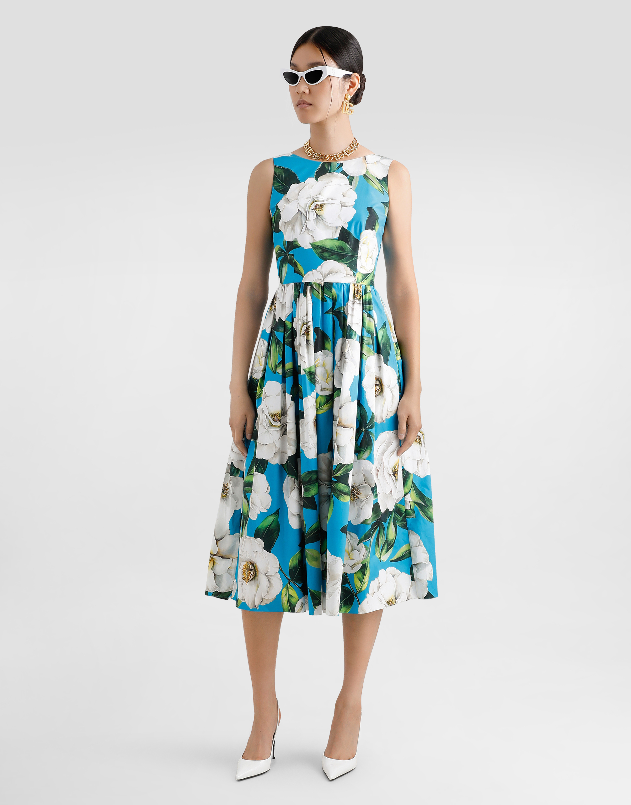 Dolce & Gabbana Cotton Calf-length Babydoll Dress With Gardenia Print In Print