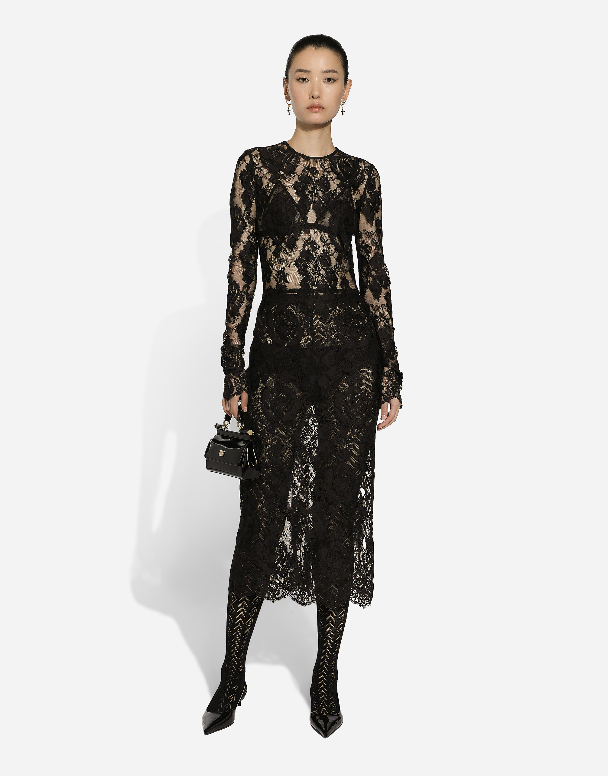 DOLCE & GABBANA CALF-LENGTH FLORAL LACE DRESS