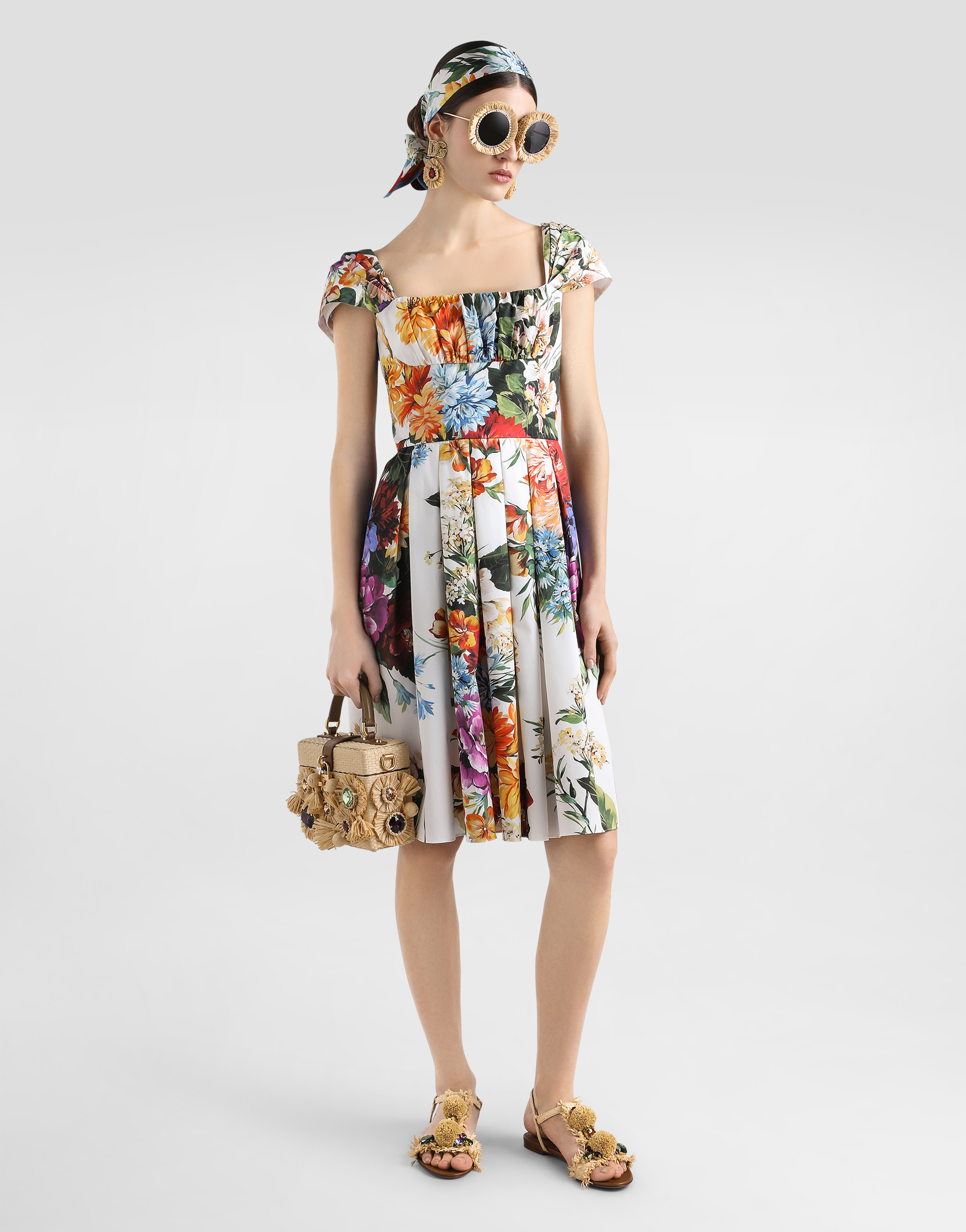 Dolce & Gabbana Floral Bouquet Popeline Cap-sleeve Pleated Dress In Multi