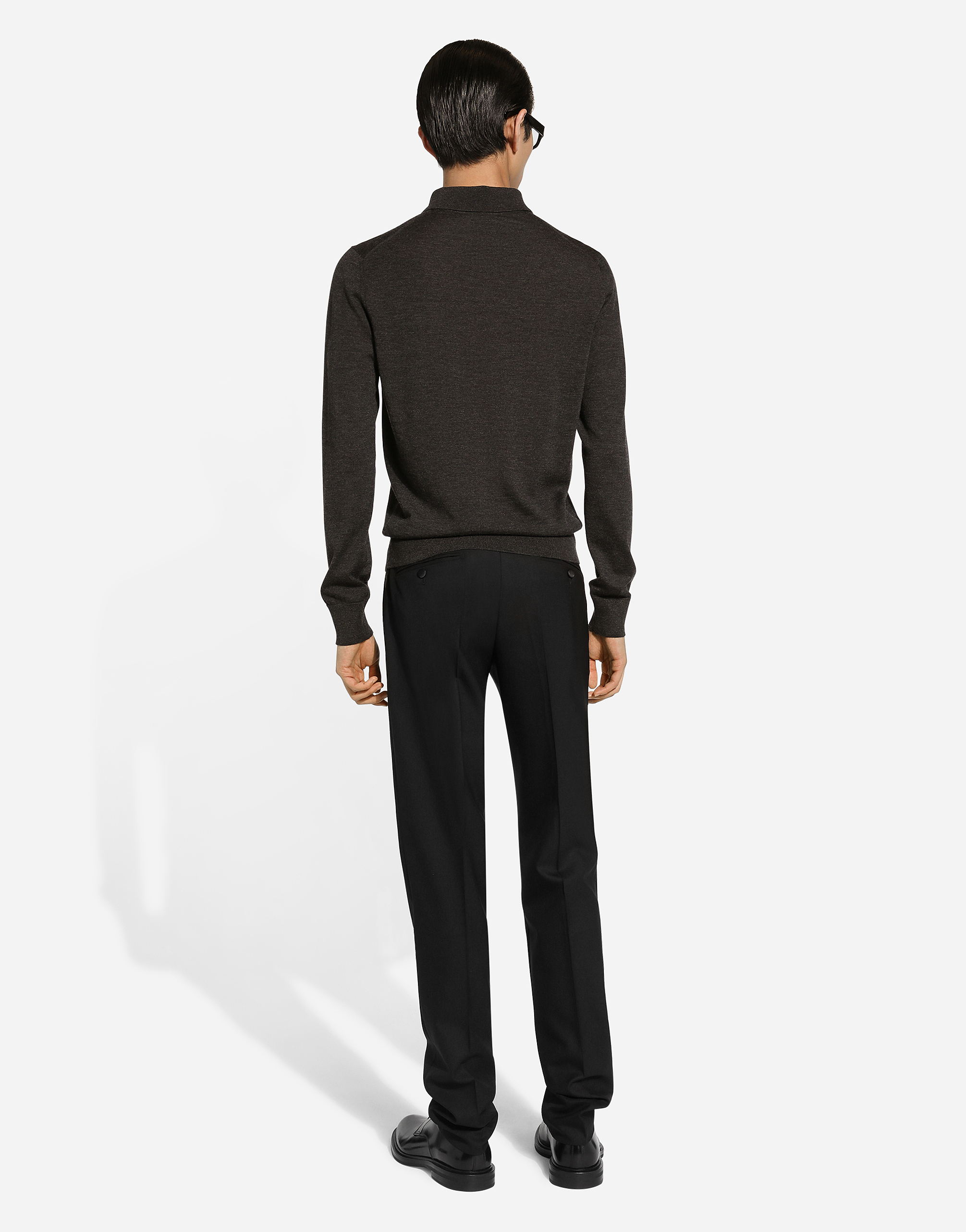  Dolce & Gabbana Long-sleeved Cashmere Polo-shirt With Embroidered Logo - Man Sweaters And Cardigans Gray 54 