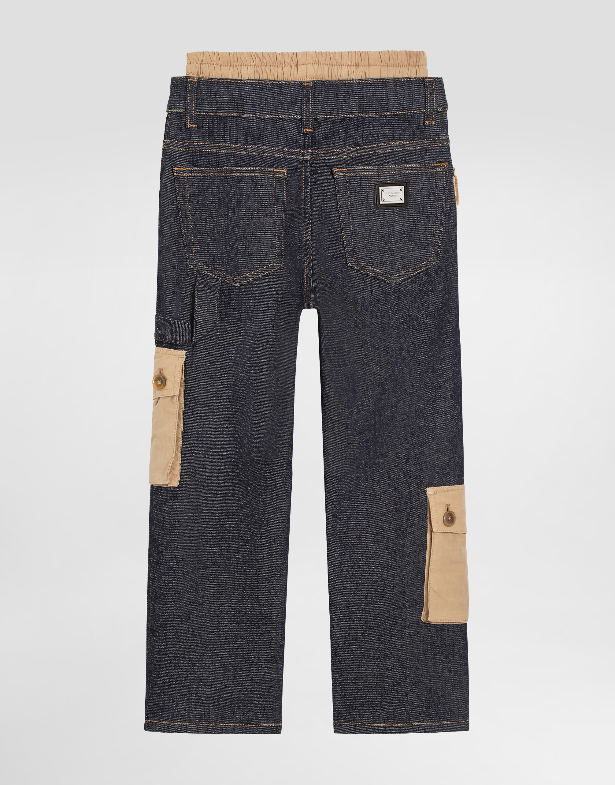 Denim trousers with double belt motif