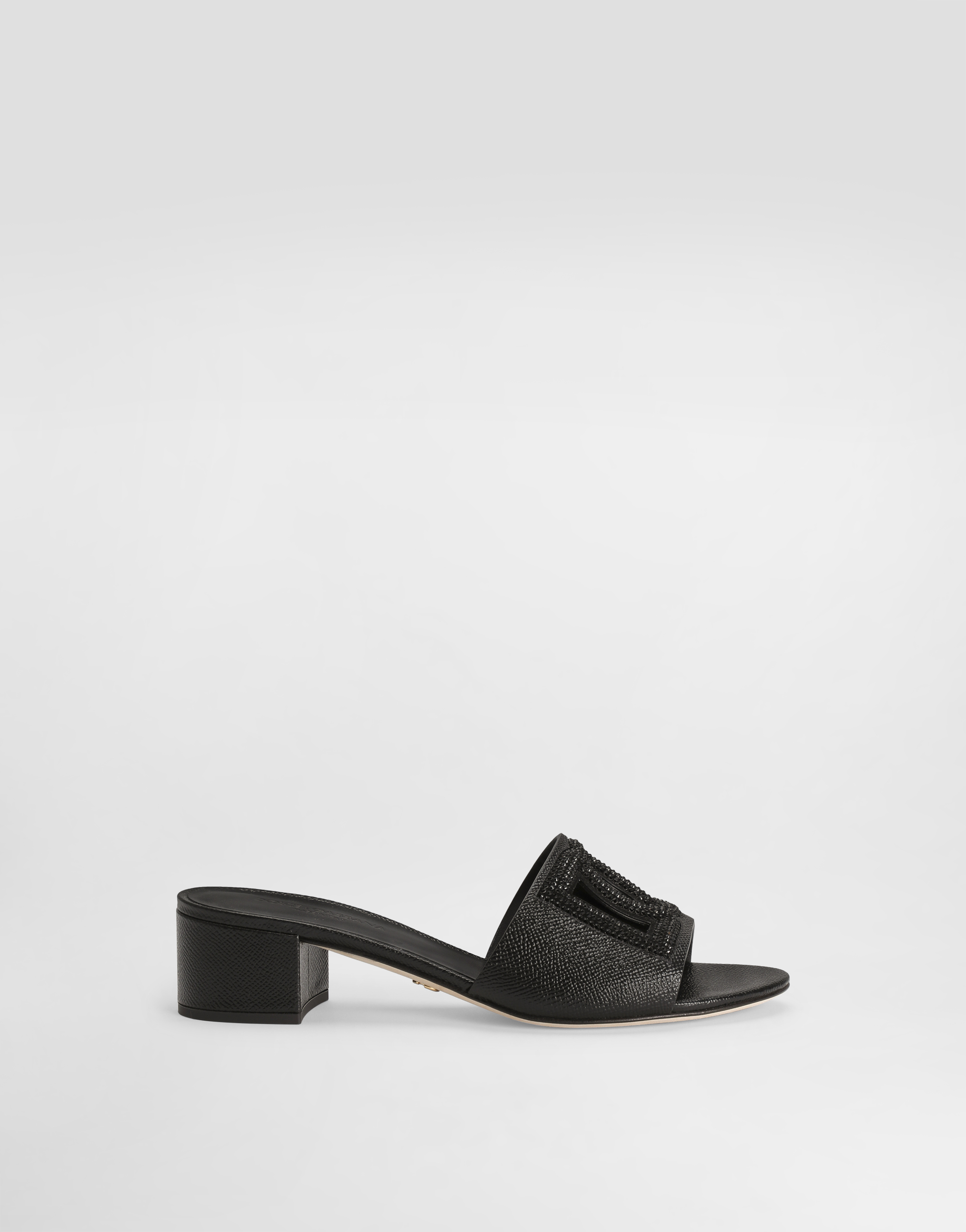Mule in dauphine calfskin, suede and rhinestones in Black for