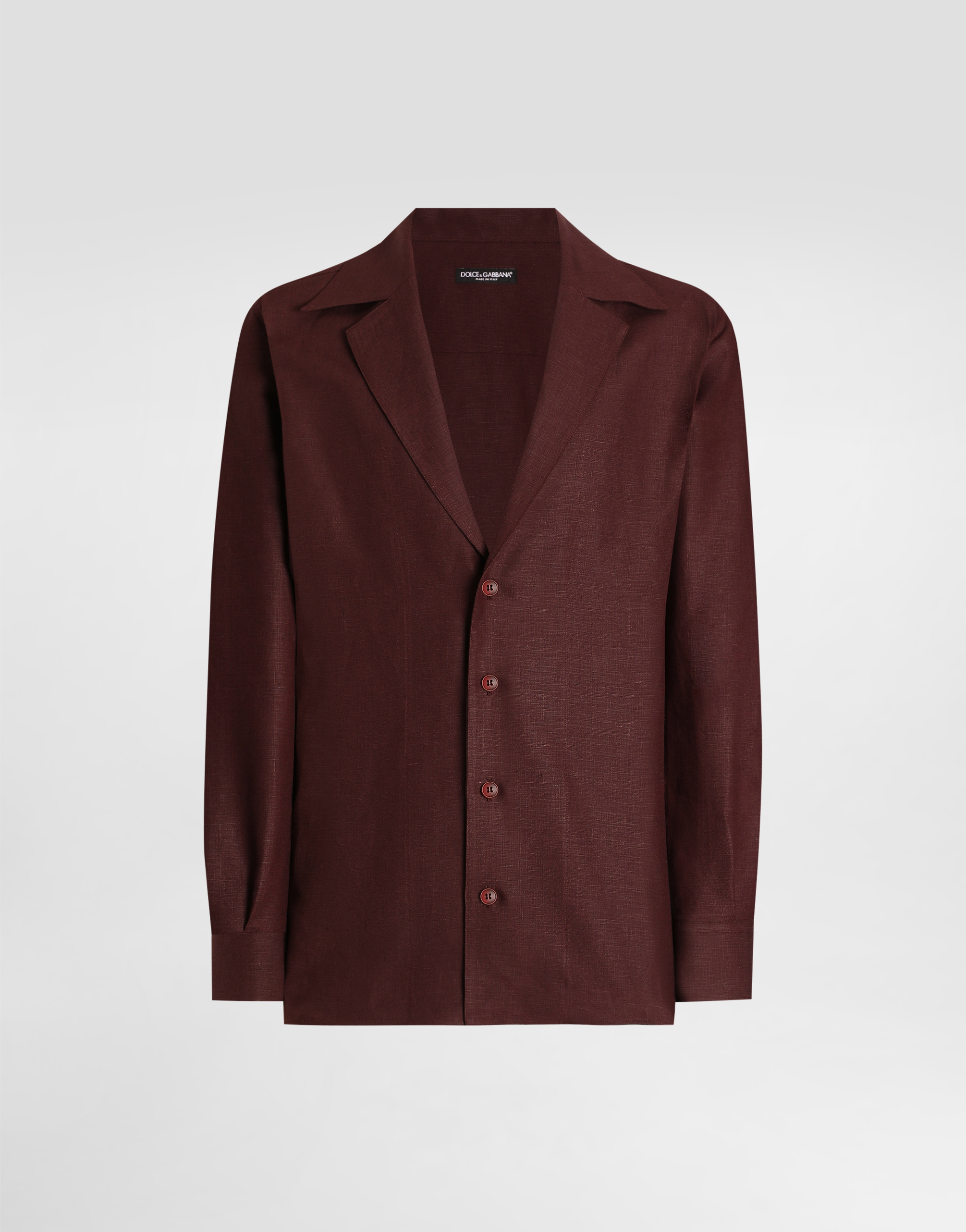 Dolce & Gabbana Long-sleeved V-neck Shirt In Linen Fabric In Multicolor