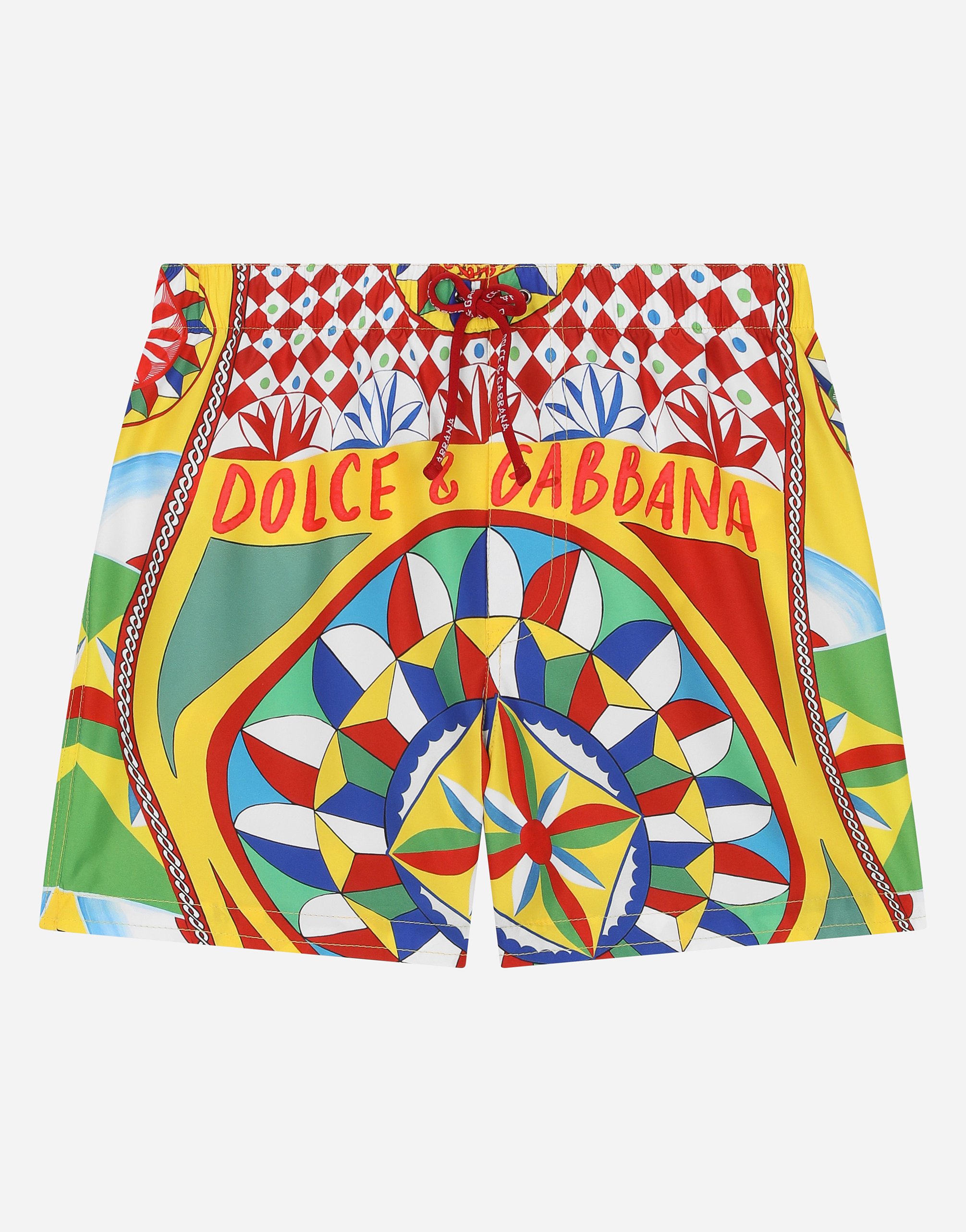 DOLCE & GABBANA NYLON SWIM TRUNKS WITH CARRETTO PRINT