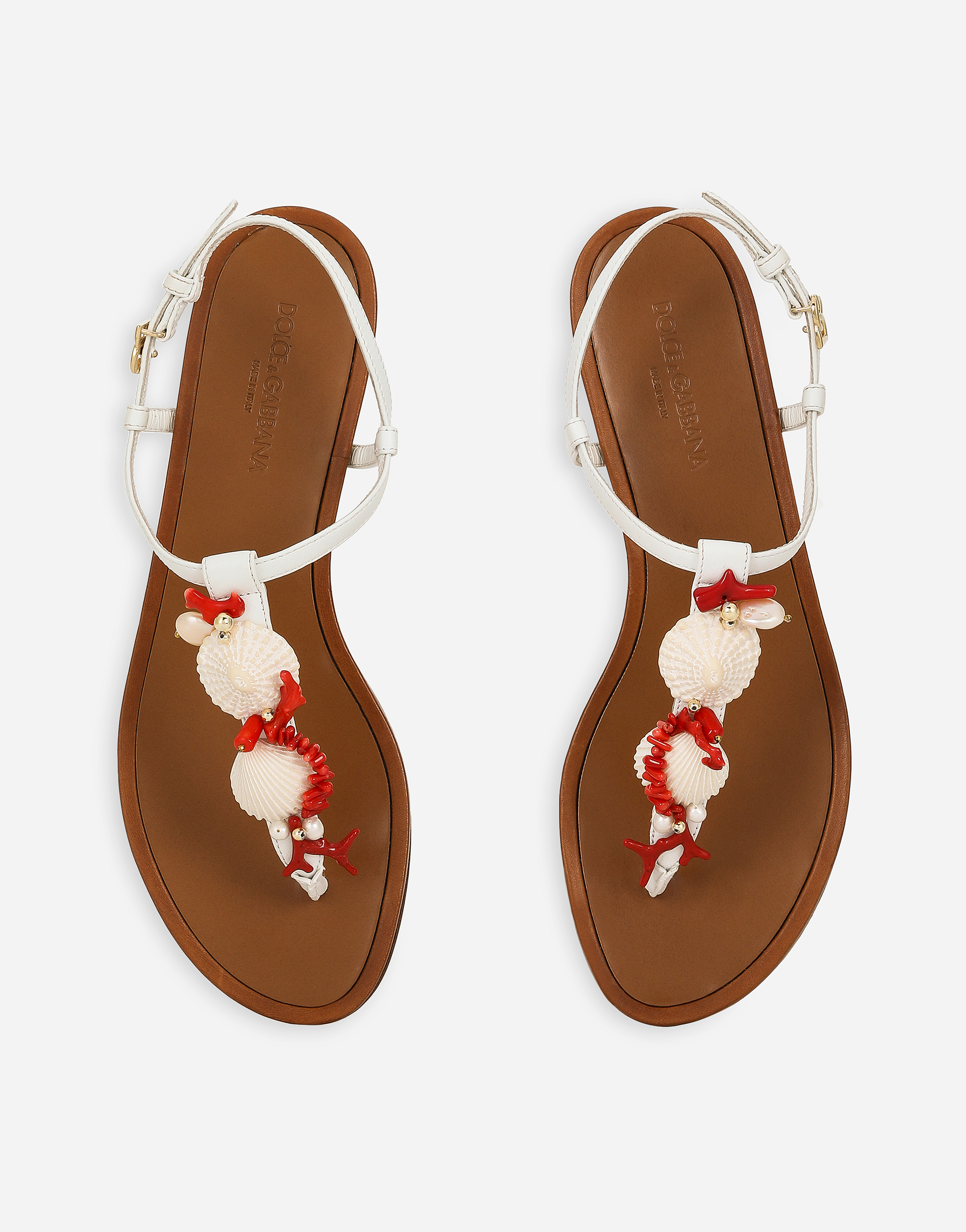 Dolce & Gabbana Coral-embroidered Leather Sandals In Bianco