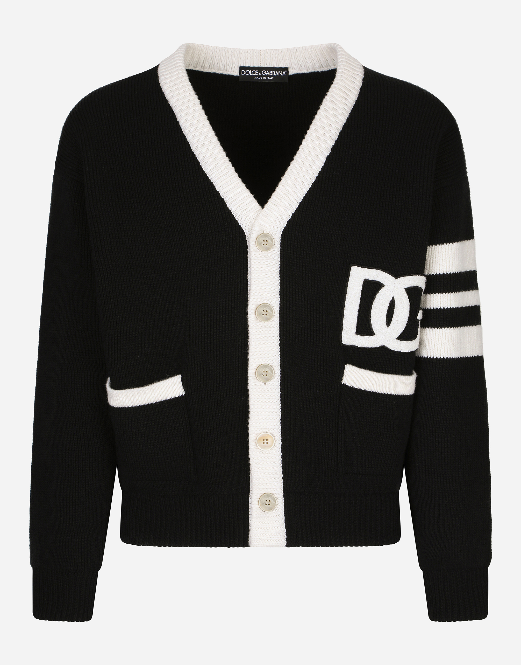 Dolce & Gabbana Wool Fisherman's Rib Cardigan With Dg Logo In Multicolor