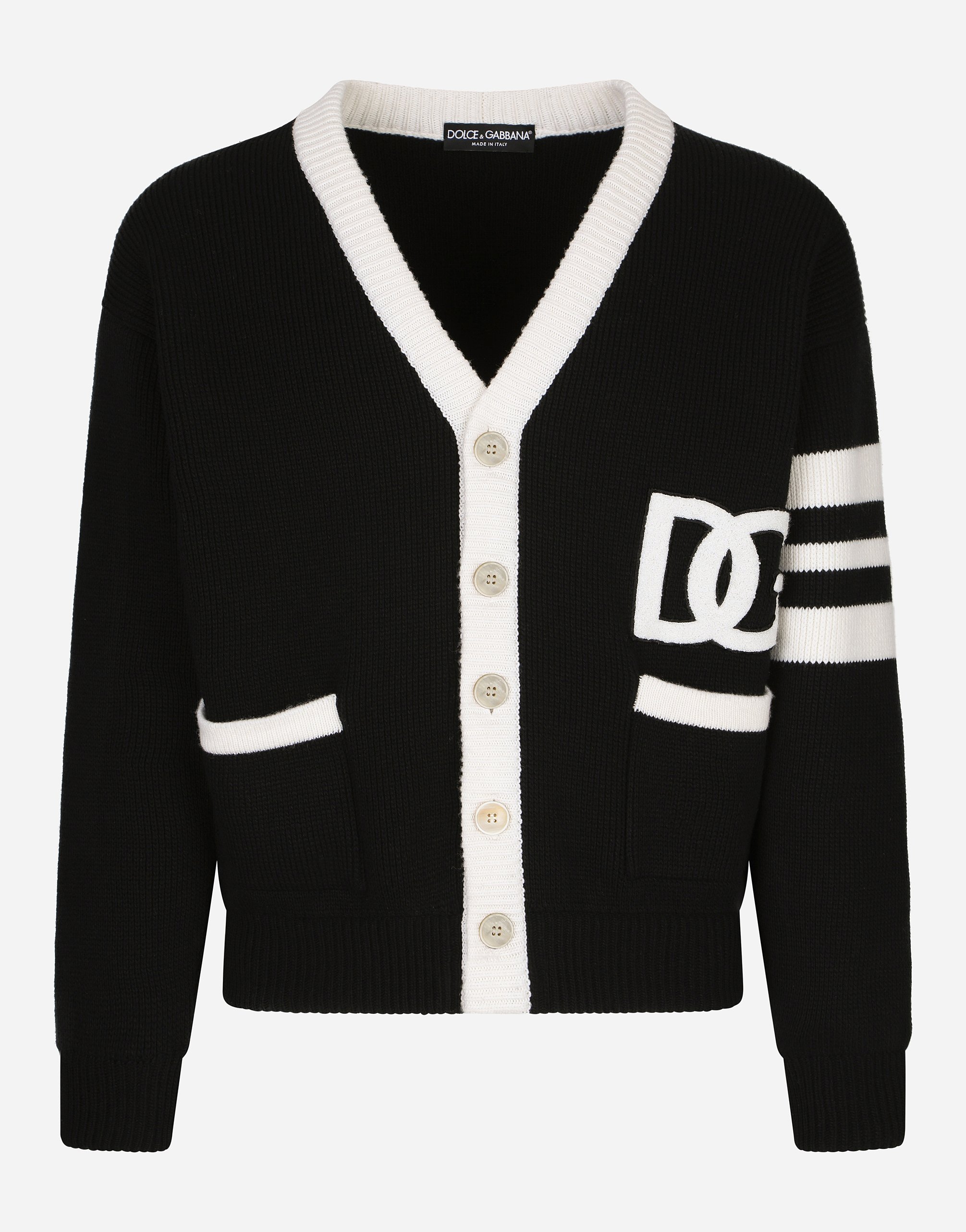 Dolce & Gabbana Wool Fisherman’s Rib Cardigan With Dg Logo - Man Sweaters And Cardigans Multi-colored Wool Xs