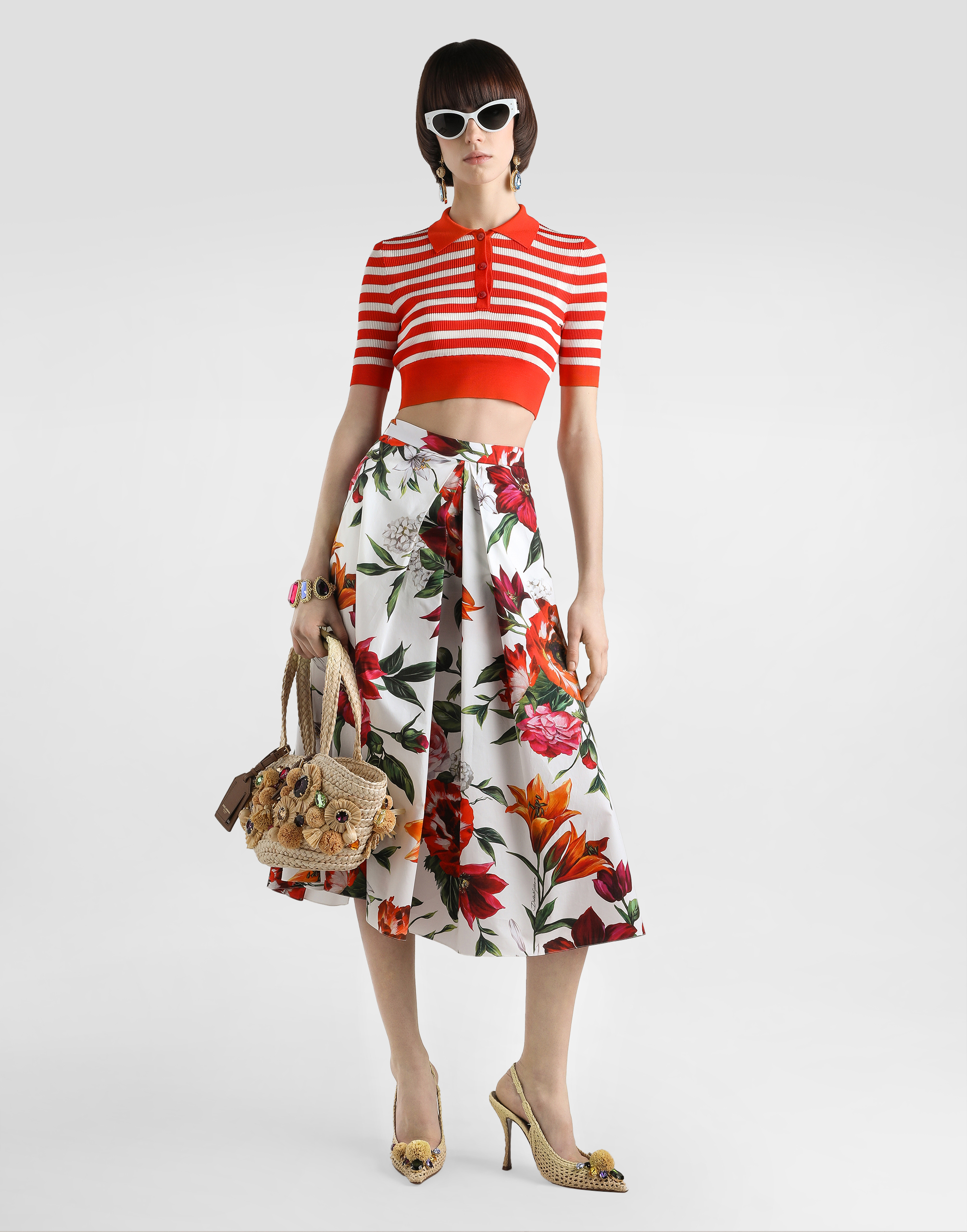 Dolce & Gabbana Multicolor Midi Skirt With All-over Floral Print And Rear Zip Closure In Cotton Woman