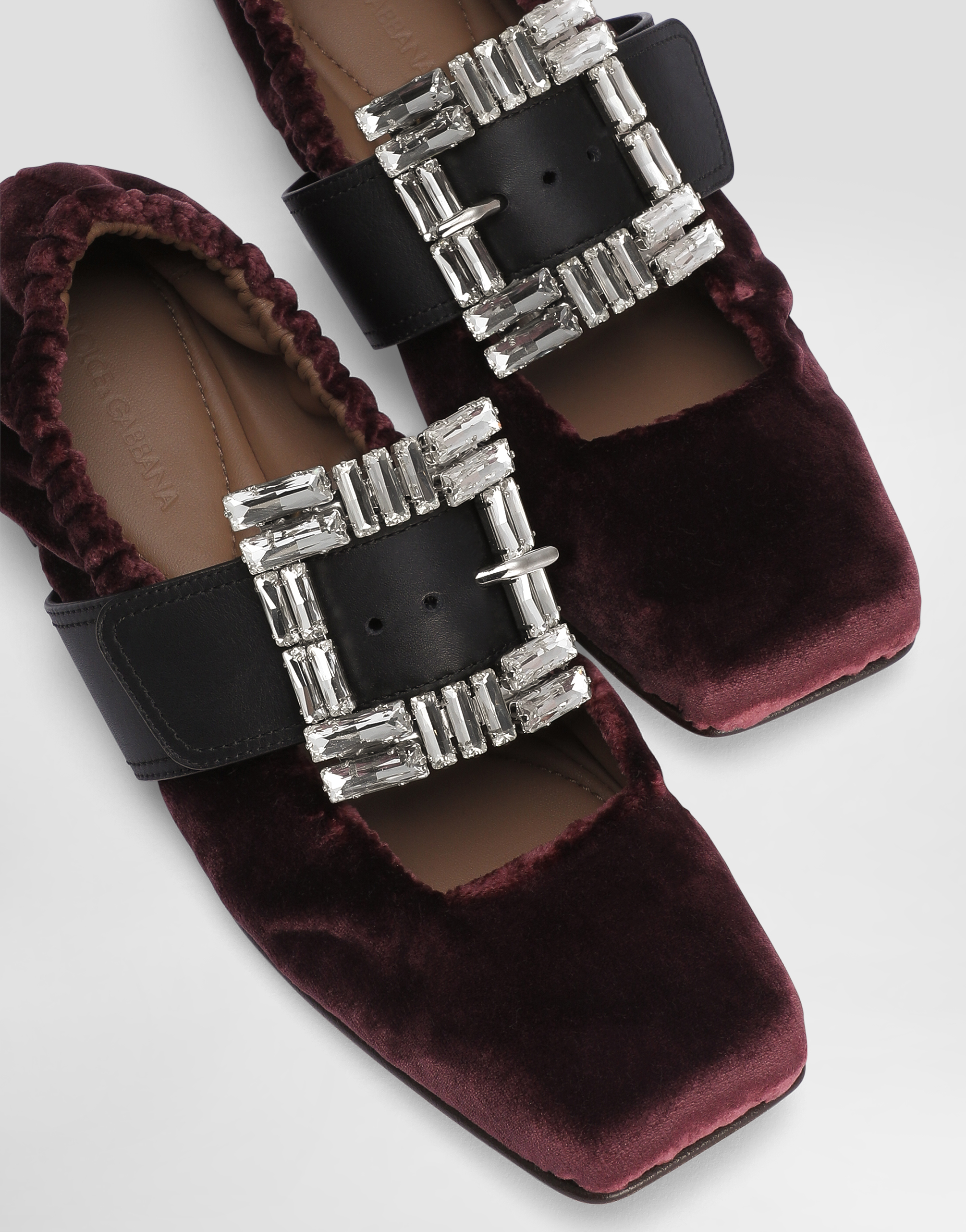 Dolce & Gabbana Velvet Ballet Flats With Bejeweled Buckle In Bordeaux
