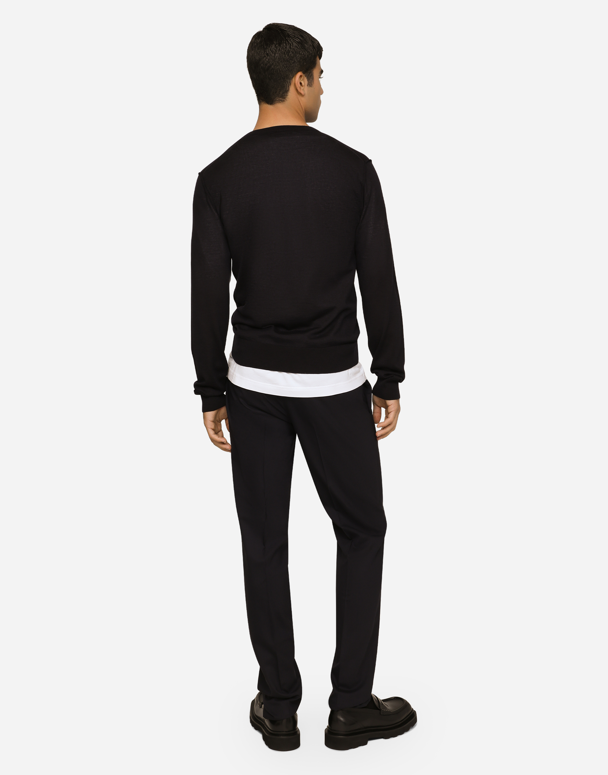 Dolce & Gabbana Men Black Sweater With Tonal Signature Logo In Silk Man In ブルー