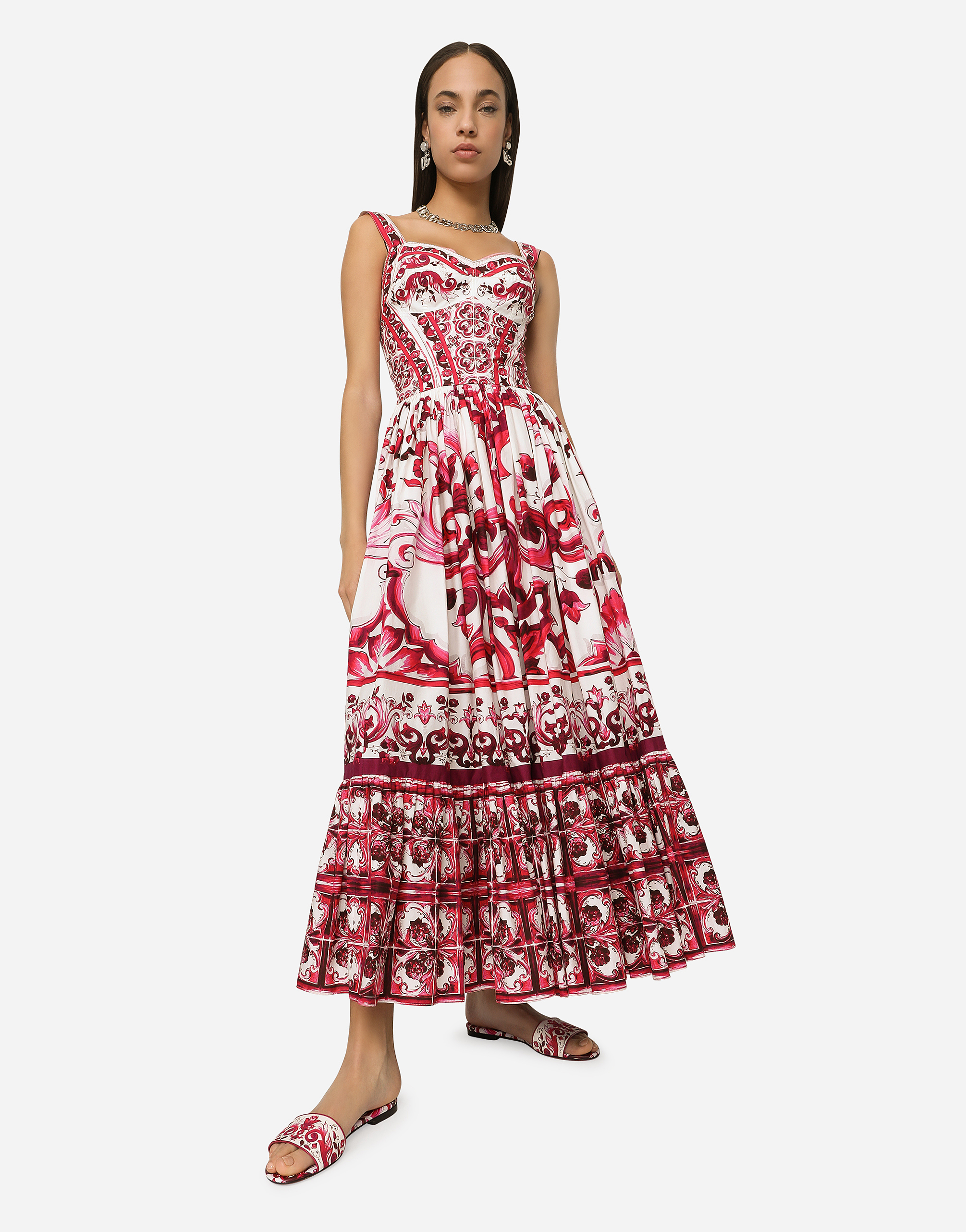 Shop Dolce & Gabbana Calf-length Corset Dress In Majolica-print Cotton Poplin In Multicolor