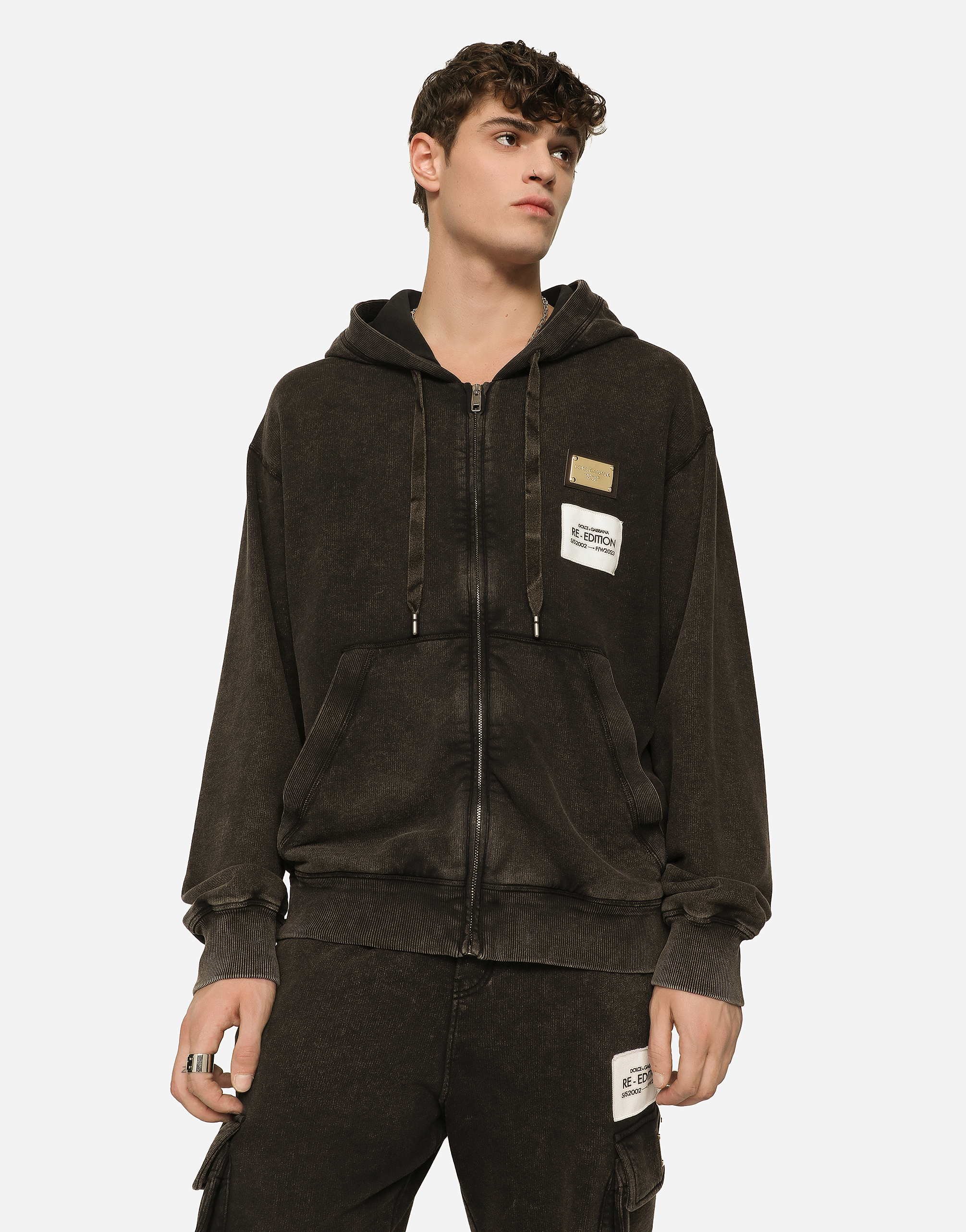 DOLCE & GABBANA WASHED JERSEY HOODIE WITH LOGO ZIPPER