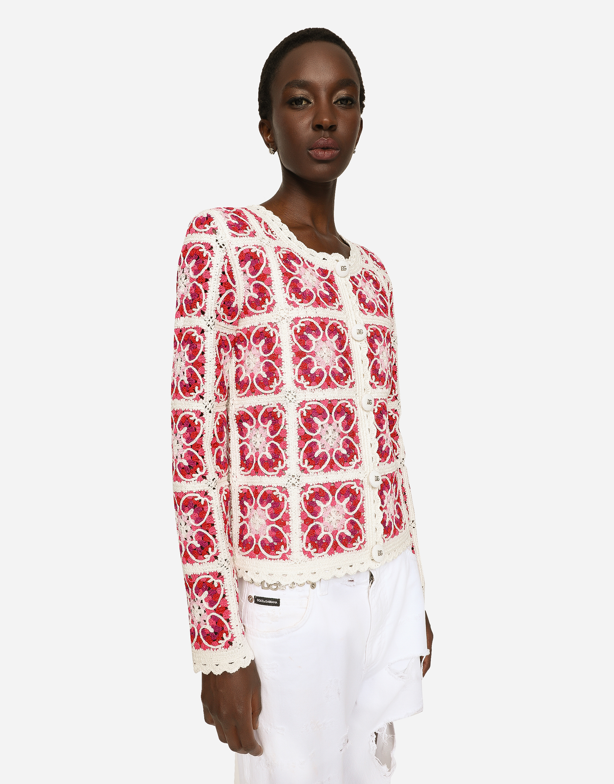 DOLCE & GABBANA BRICK-STITCHED CROCHET CARDIGAN WITH MAJOLICA PRINT