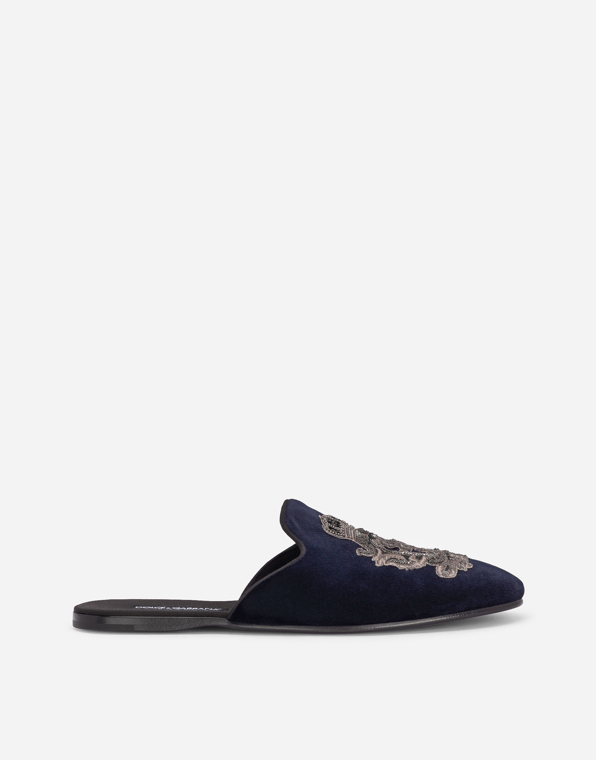 Dolce & Gabbana Velvet Slippers With Coat Of Arms Embroidery In Blue