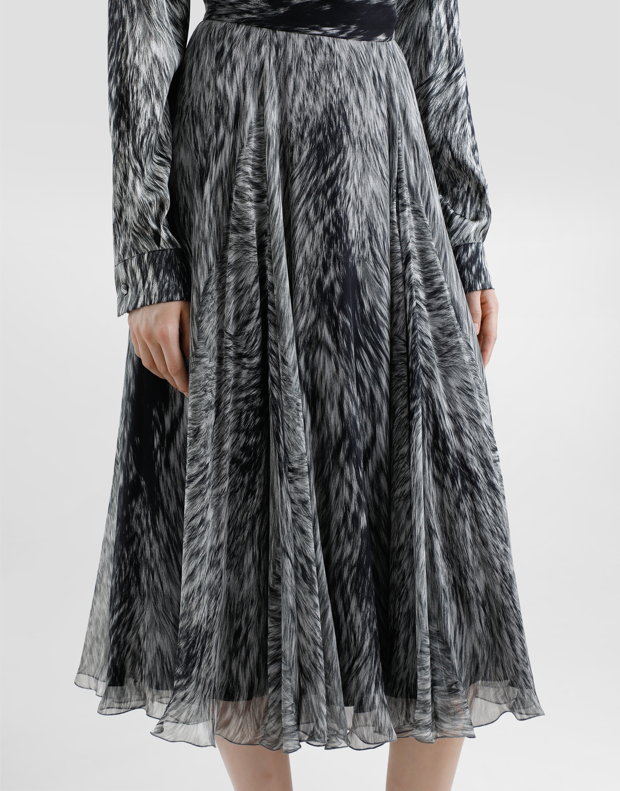 Dolce & Gabbana Chiffon Calf-length Circle Skirt With Fur Print In Grey