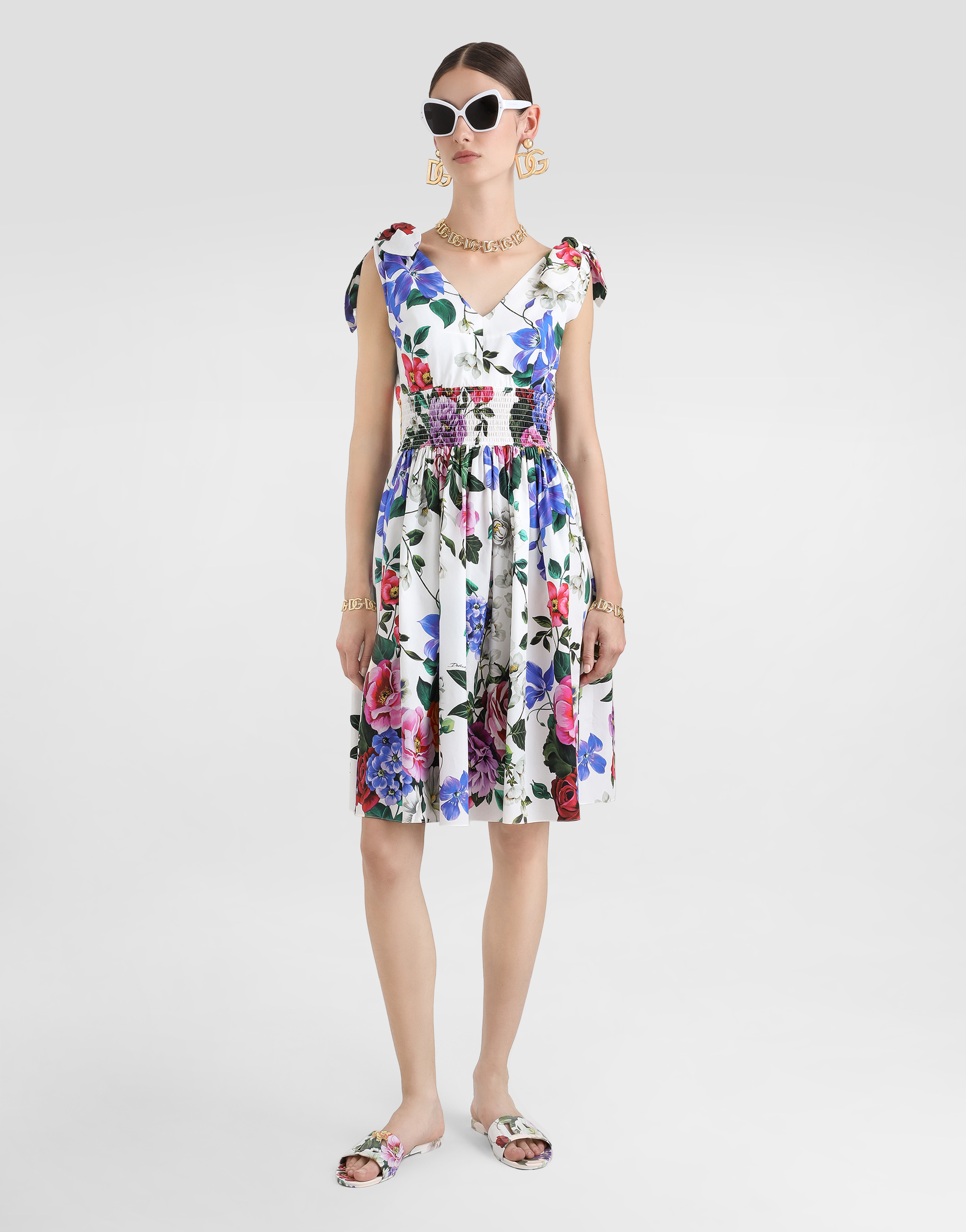 Shop Dolce & Gabbana Cotton Midi Dress With Floral Print And Tie Details