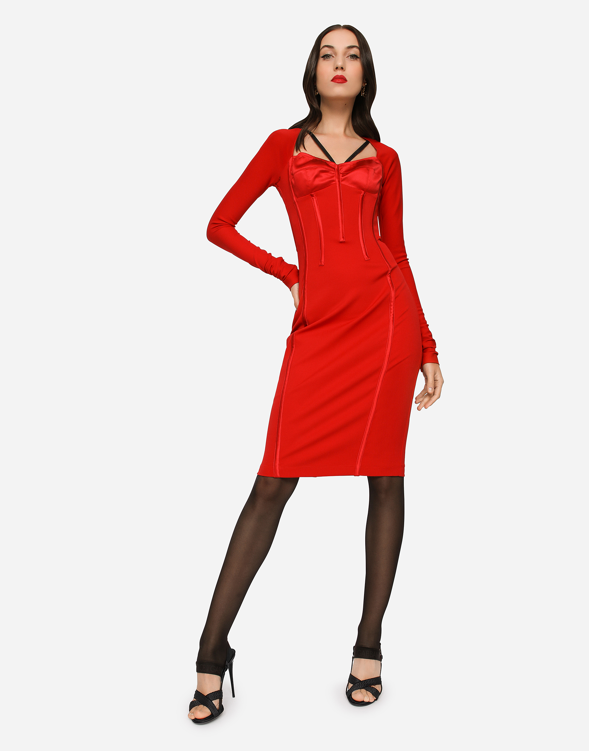 Shop Dolce & Gabbana Viscose Calf-length Dress With Corset Details In Red