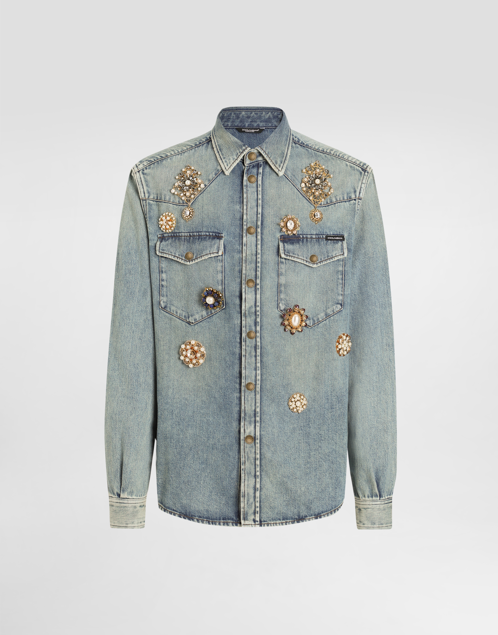 Dolce & Gabbana Denim Shirt With Bejeweled Appliqués - Man Denim Multi-colored
