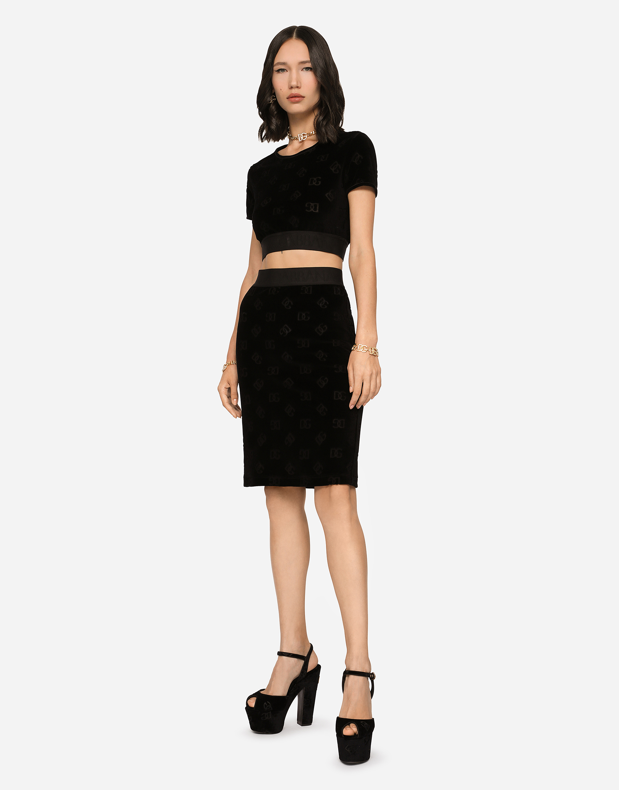 Dolce & Gabbana Flocked Jersey T-shirt With All-over Dg Logo In Black