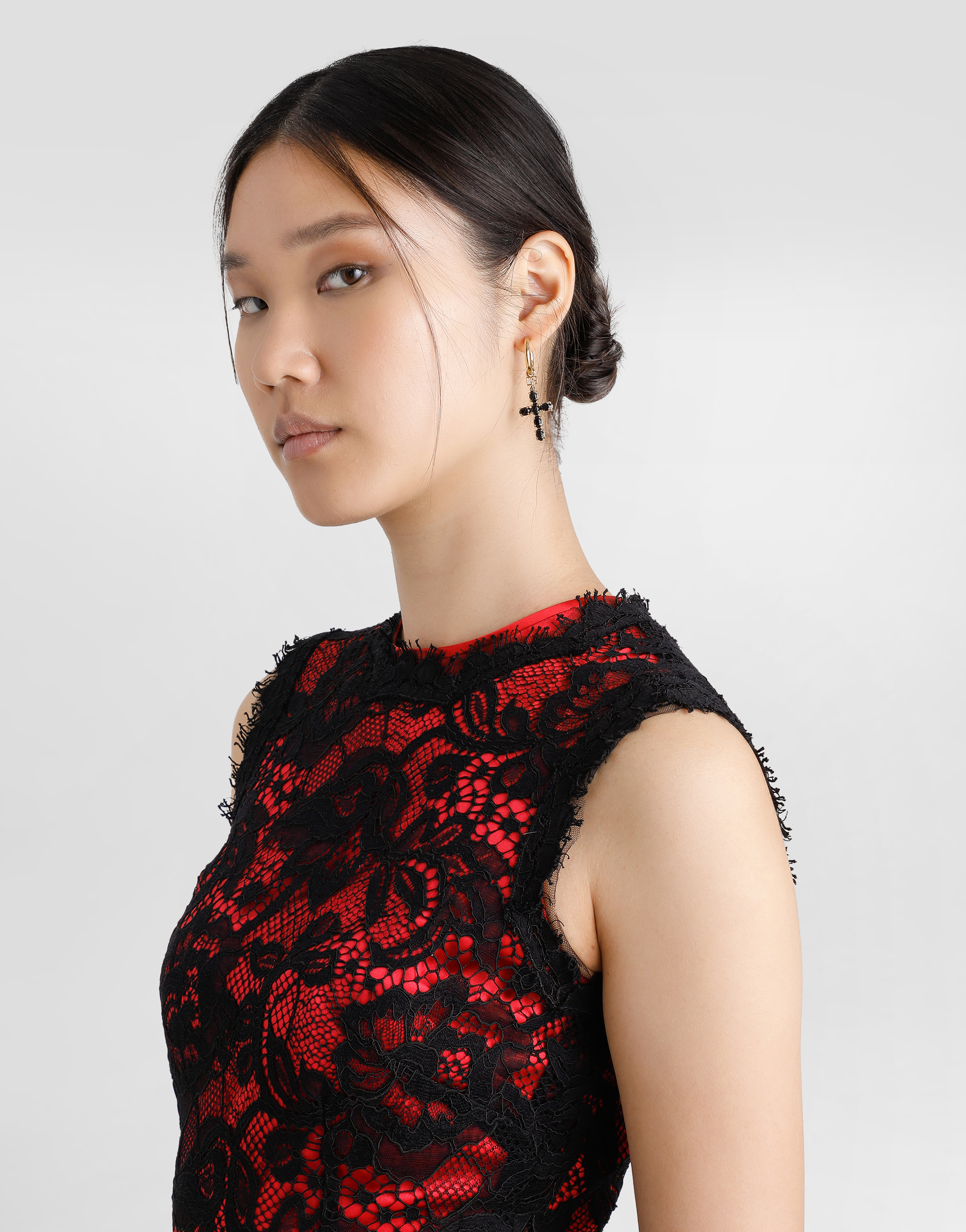 Dolce & Gabbana Calf-length Floral Lace Sheath Dress With Contrasting Lining In Black