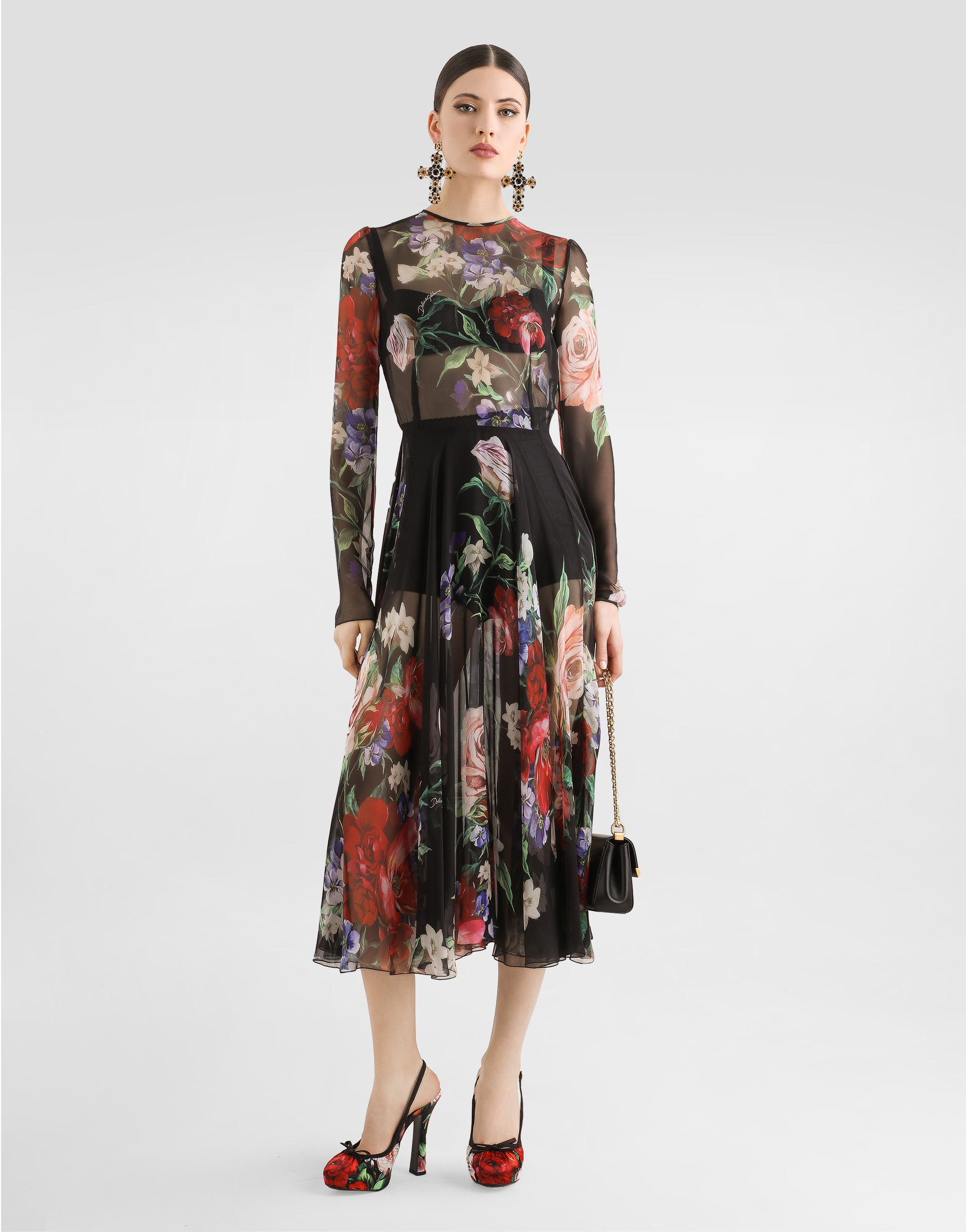 Dolce & Gabbana Floral-print Chiffon Calf-length Dress With Circle Skirt In Print