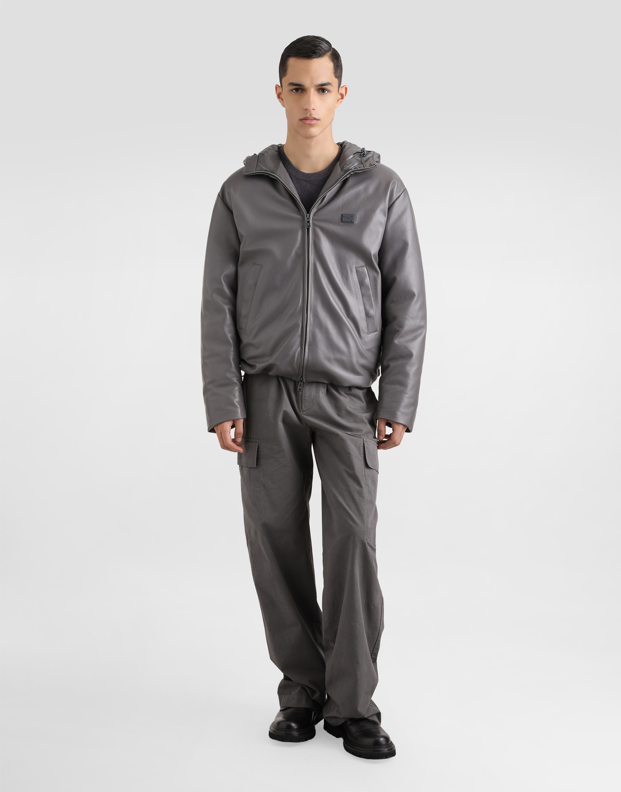 Dolce & Gabbana Padded Leather Jacket With Hood And Tag In Grey