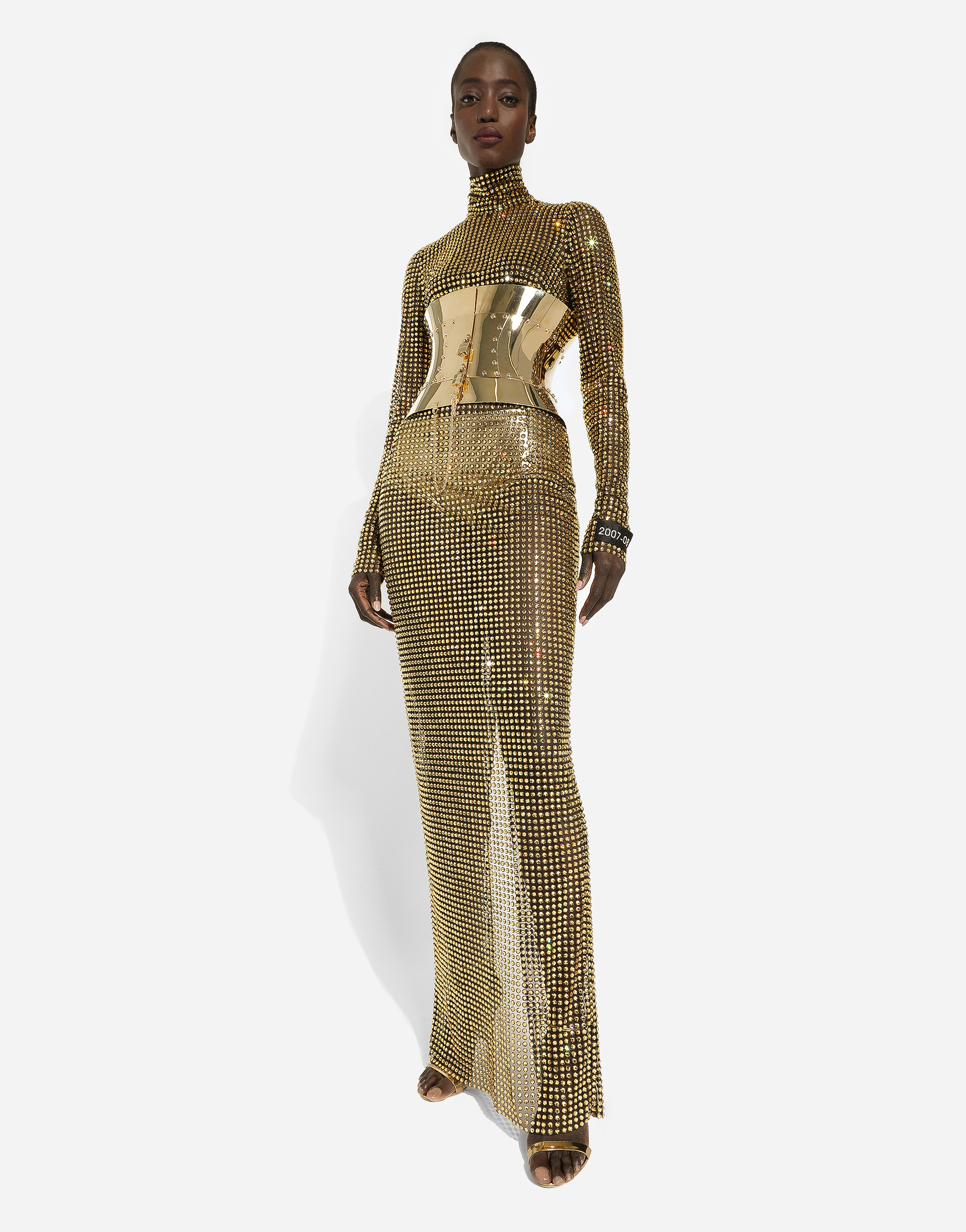 DOLCE & GABBANA LONG DRESS WITH ALL-OVER RHINESTONE EMBELLISHMENT ON TULLE