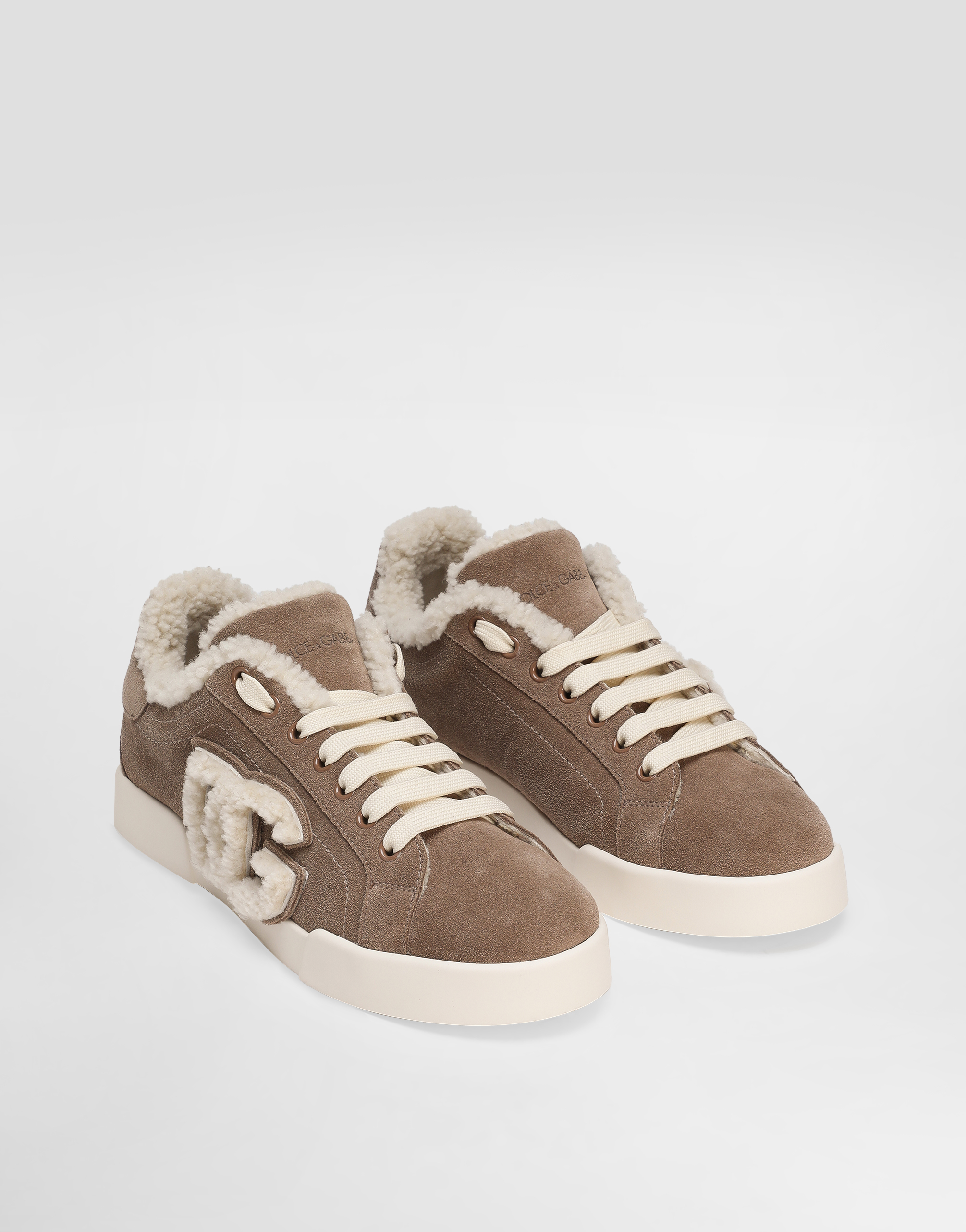 Dolce & Gabbana Portofino Light Sneakers In Calfskin And Sheepskin In Brown