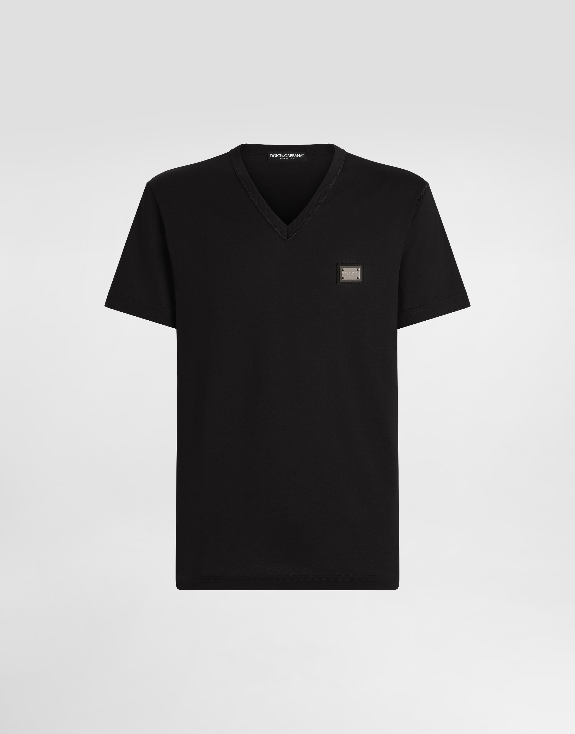 Cotton V-neck T-shirt with branded tag in Blue for Men