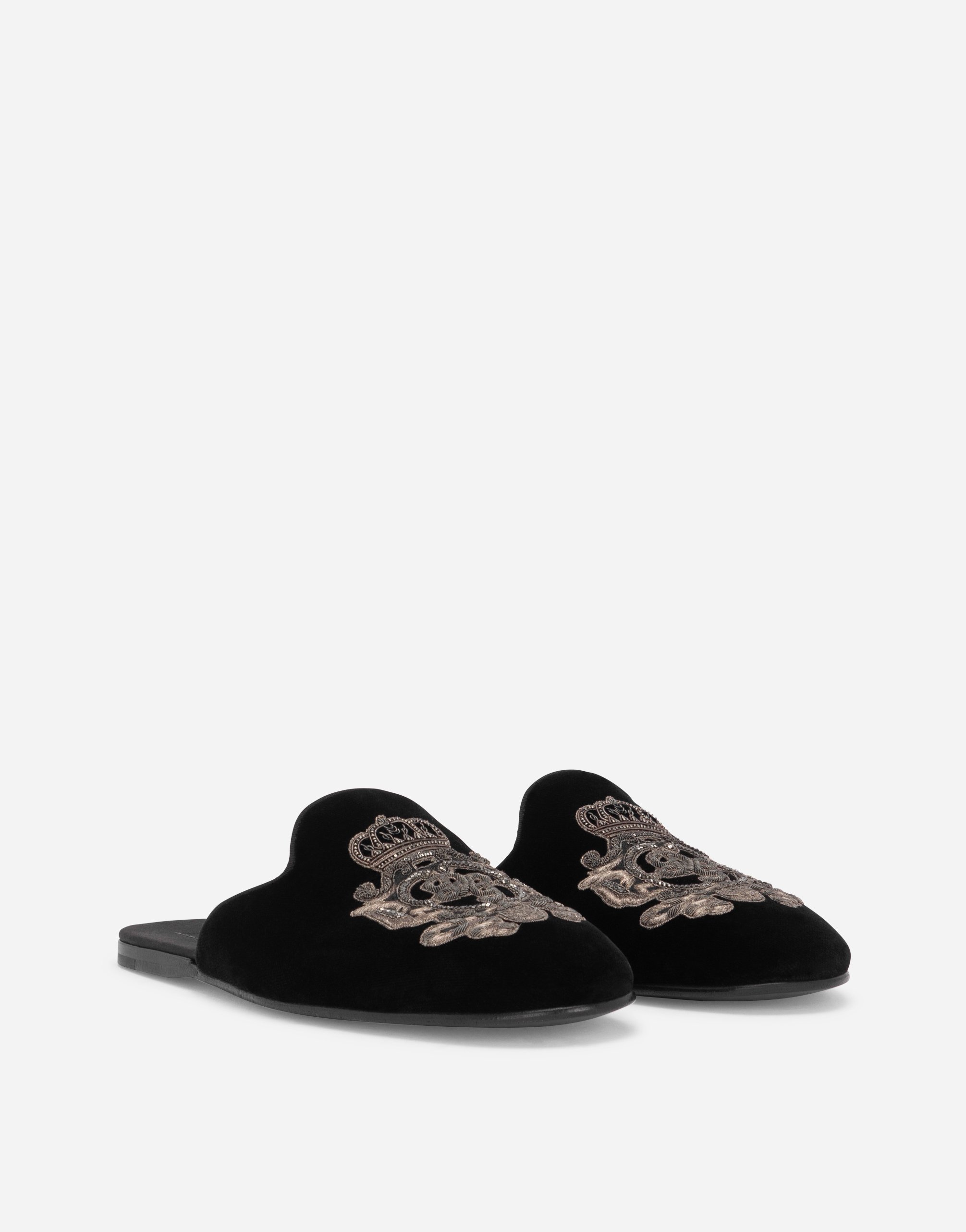 Shop Dolce & Gabbana Velvet Slippers With Coat Of Arms Embroidery In Multicolor