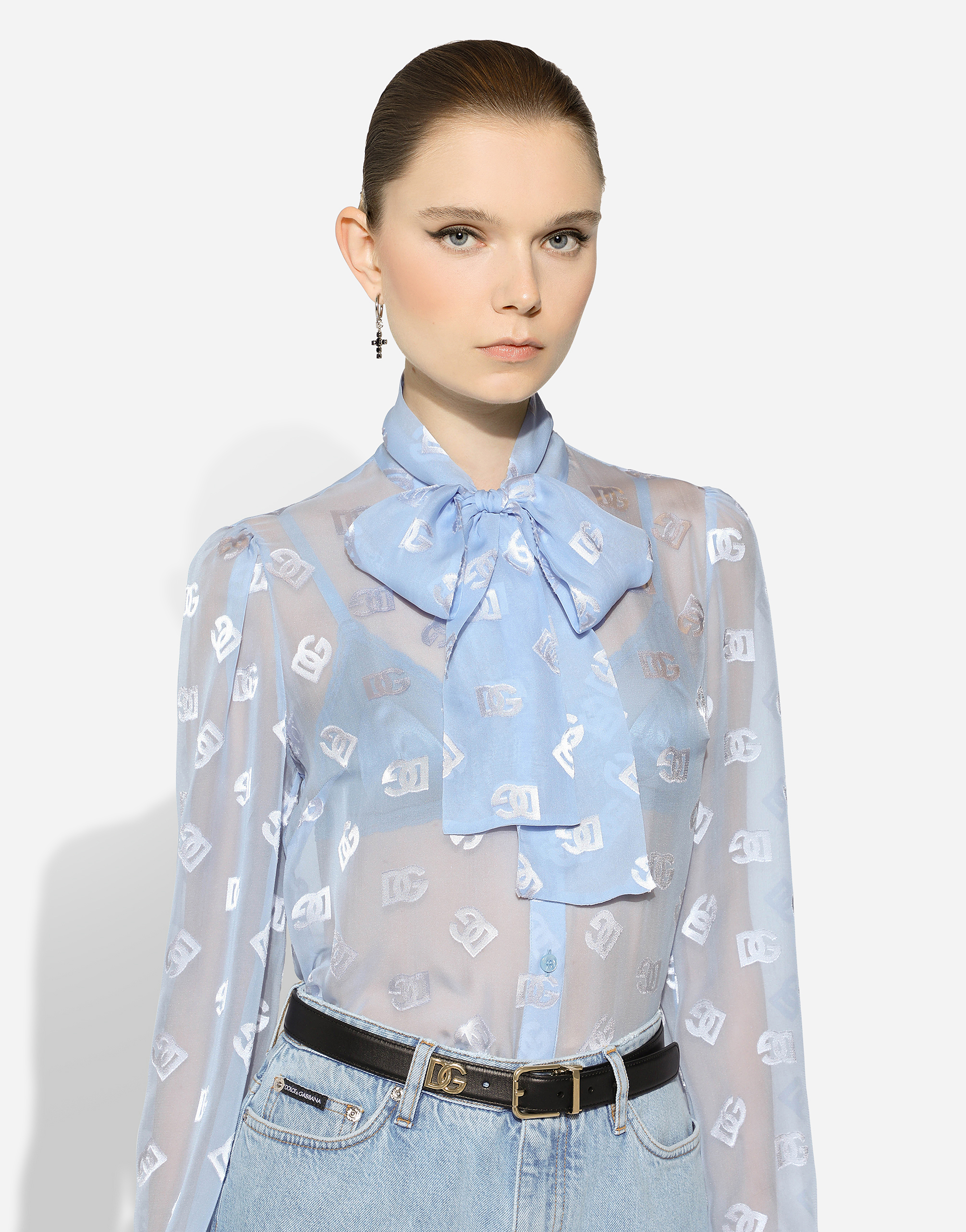 Dolce & Gabbana Pussy-bow Collar Semi-sheer Shirt In Purple