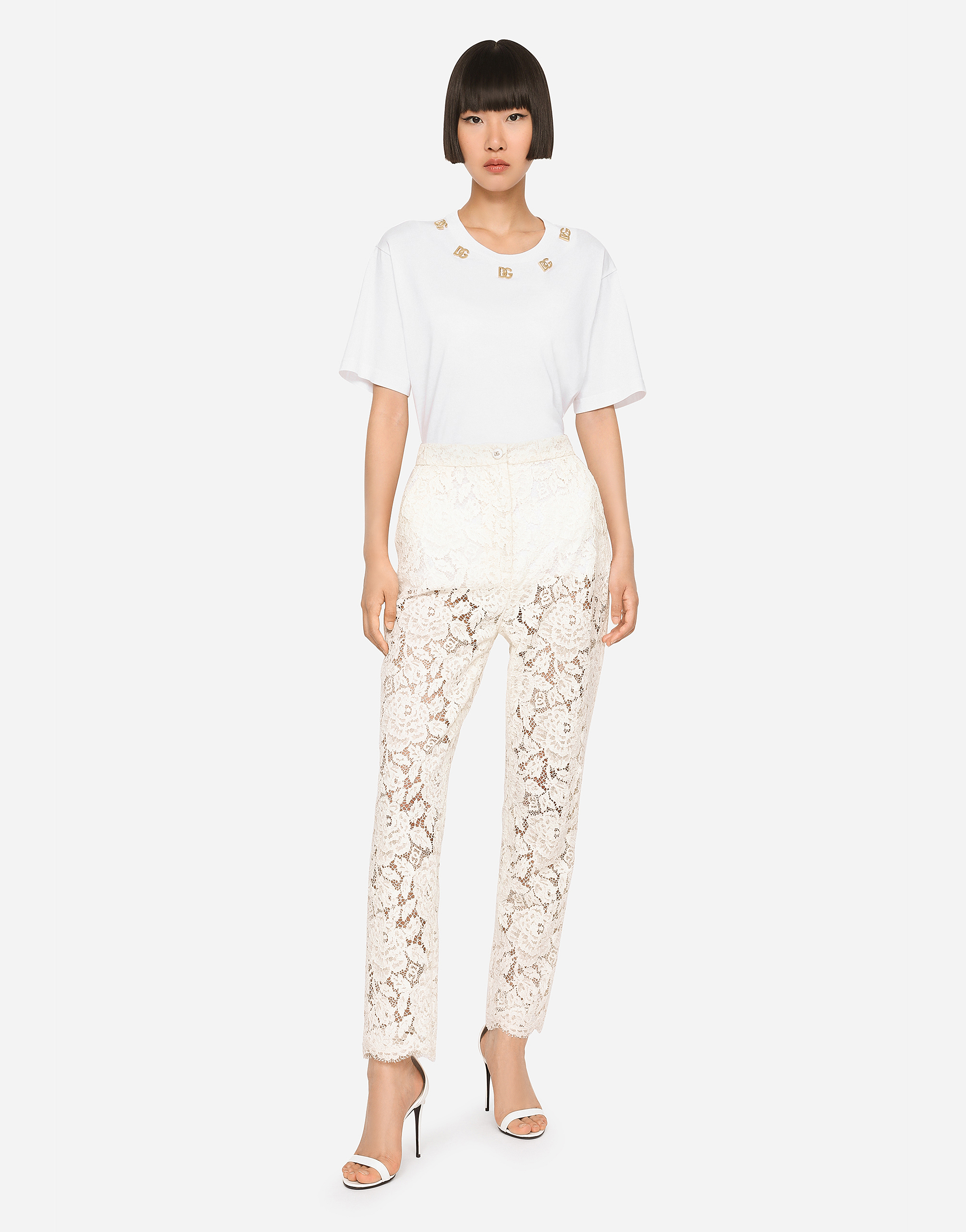 Shop Dolce & Gabbana Branded Stretch Lace Pants In White