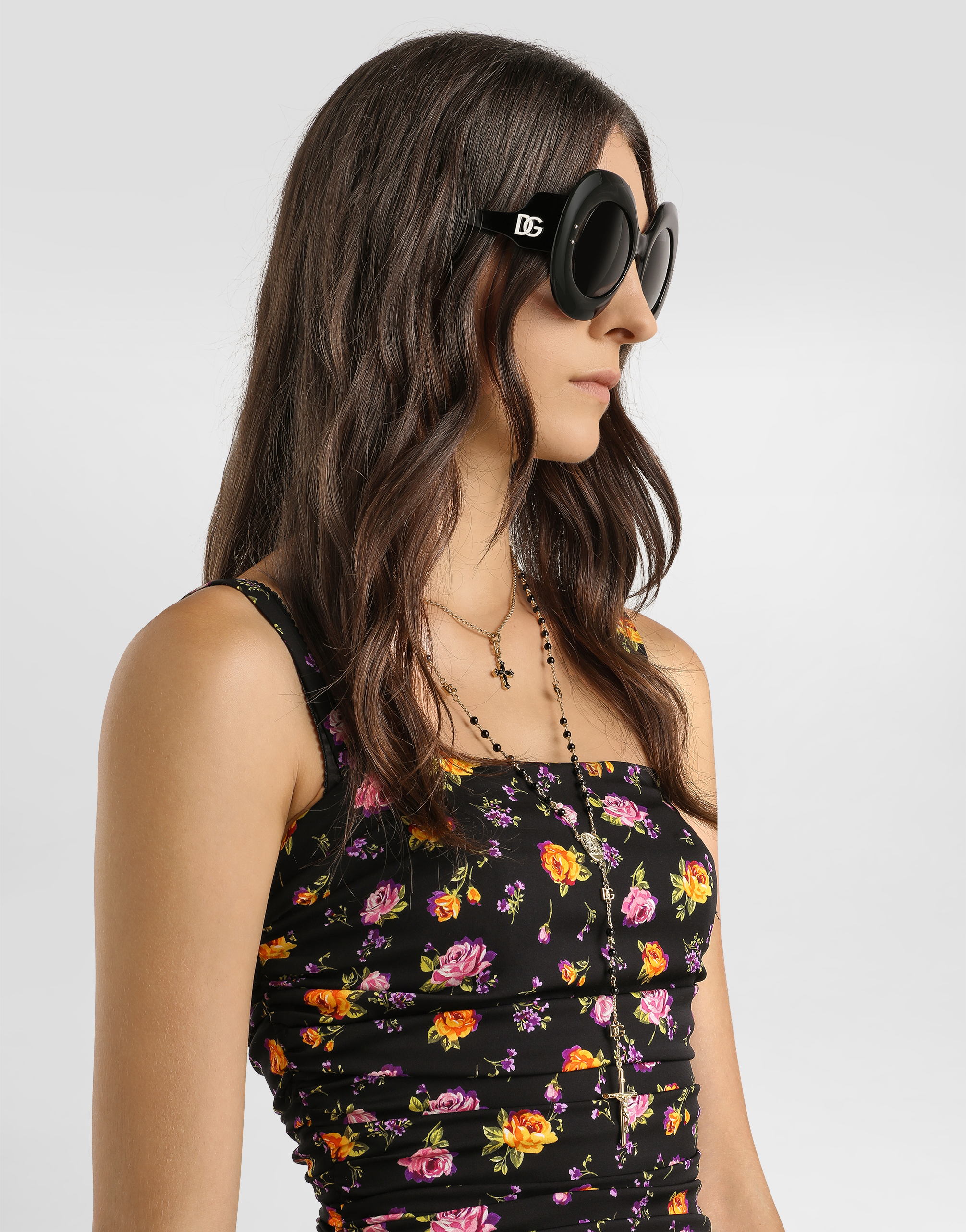 Small rose bouquets-print draped charmeuse dress