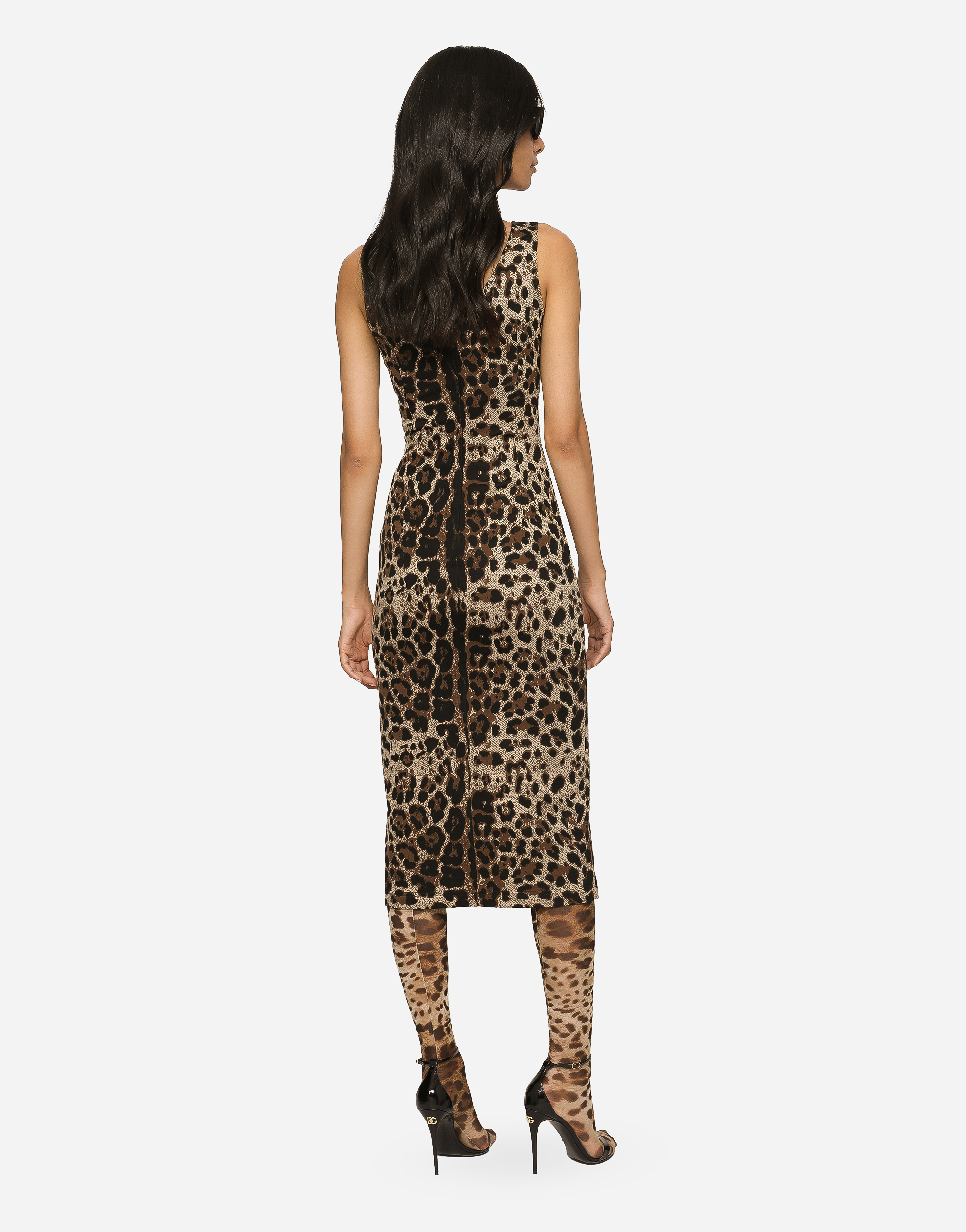 Long jersey dress with jacquard leopard design