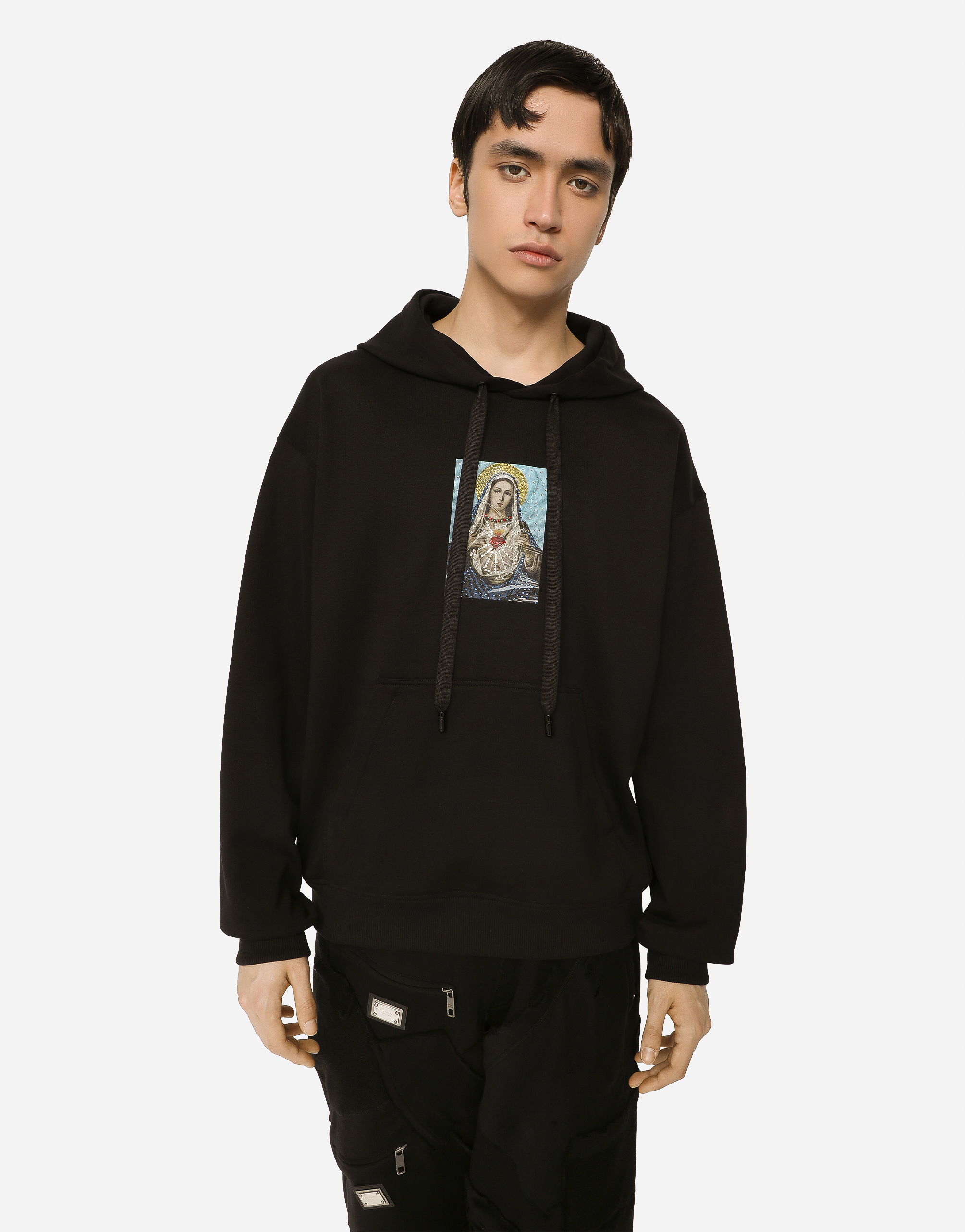 DOLCE & GABBANA JERSEY HOODIE WITH PRINT AND FUSIBLE RHINESTONE EMBELLISHMENT