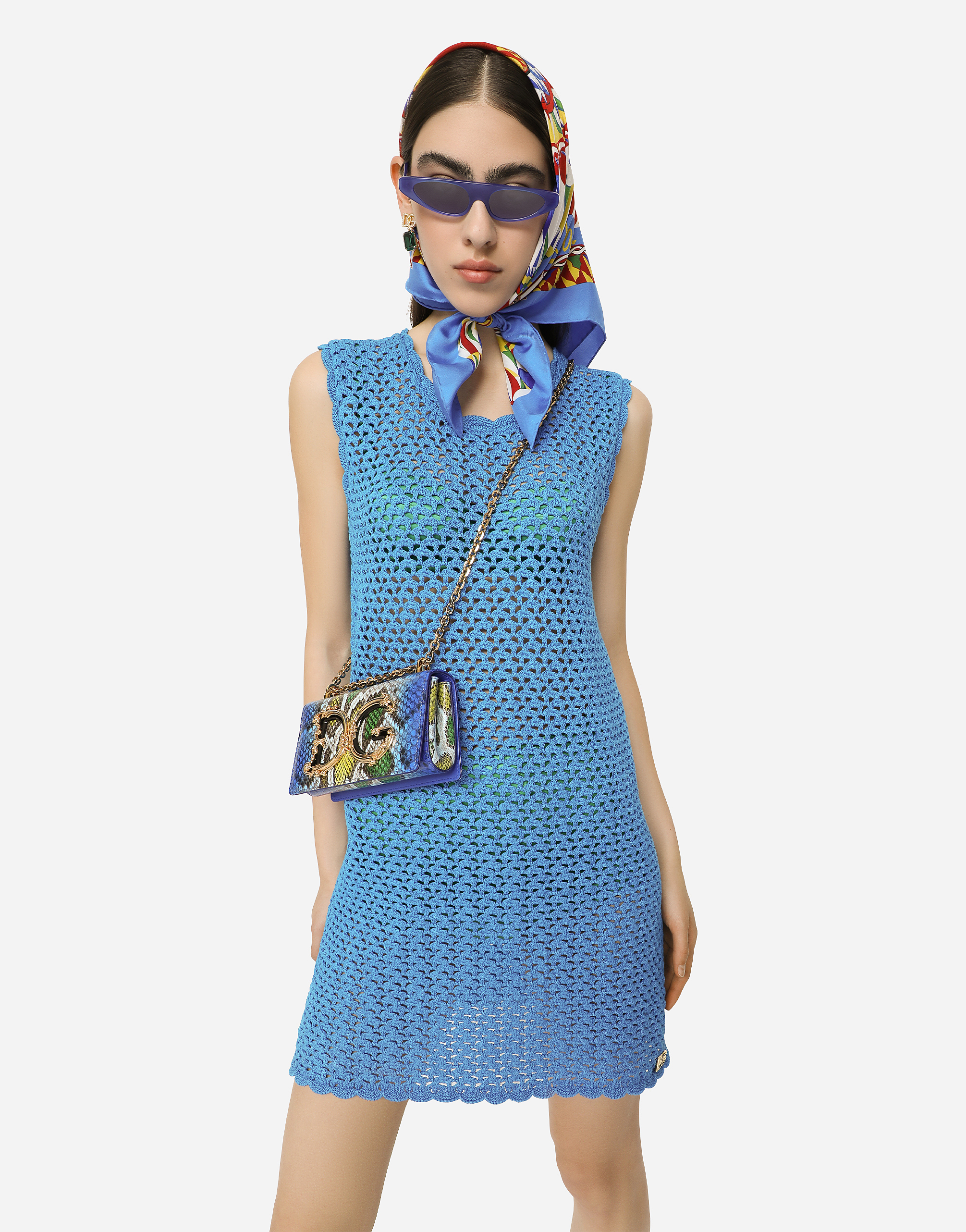 Shop Dolce & Gabbana Short Sleeveless Crochet Dress In Turquoise
