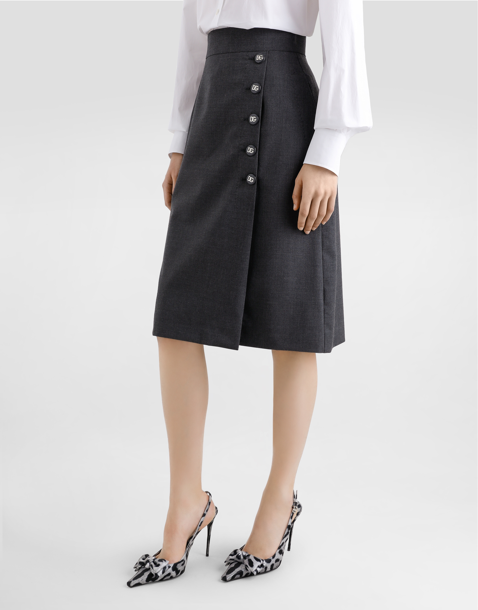 Dolce & Gabbana Woolen A-line Midi Skirt With Dg Buttons In Grey