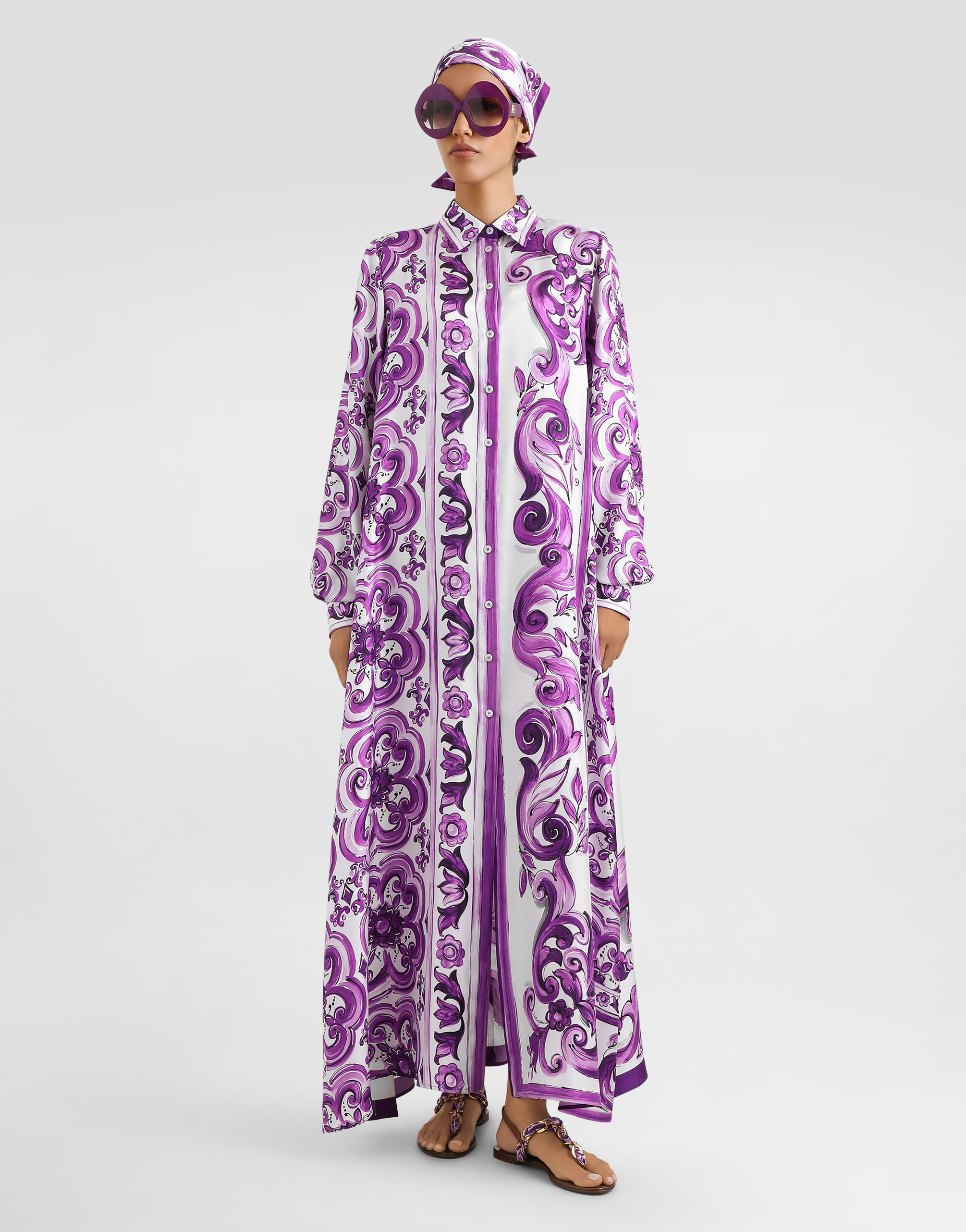 Dolce & Gabbana Dolce&gabbana Majolica Print Long Sleeve Silk Shirtdress In Purple