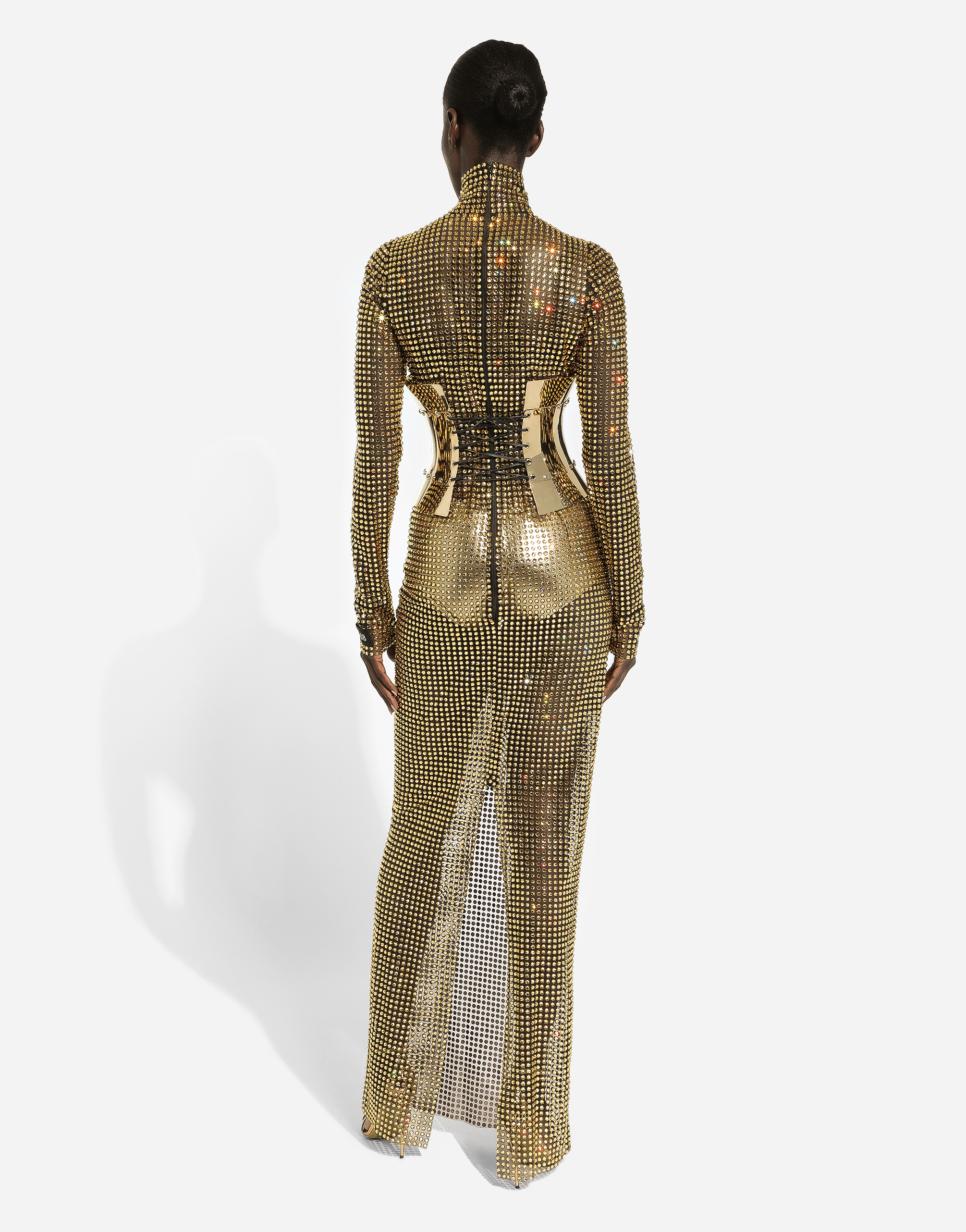 DOLCE & GABBANA LONG DRESS WITH ALL-OVER RHINESTONE EMBELLISHMENT ON TULLE