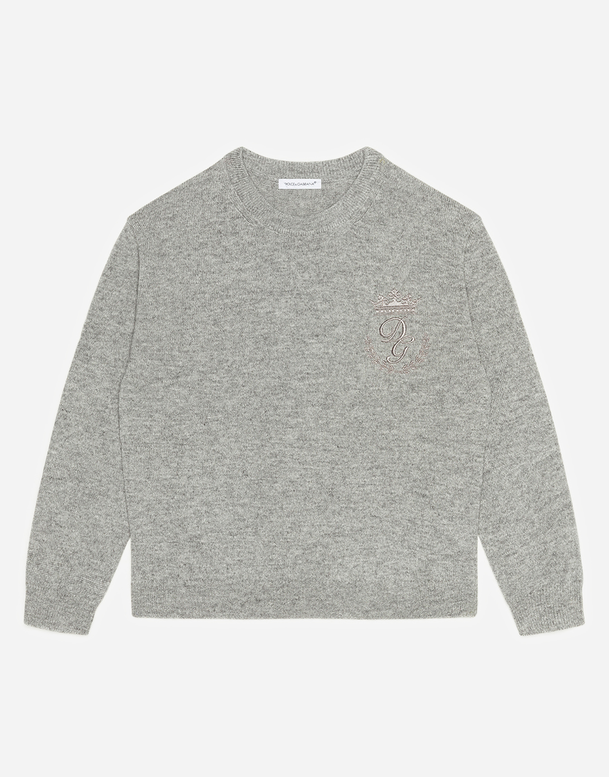 Dolce & Gabbana Kids' Cashmere Round-neck Sweater With Heritage Embroidery In Grey