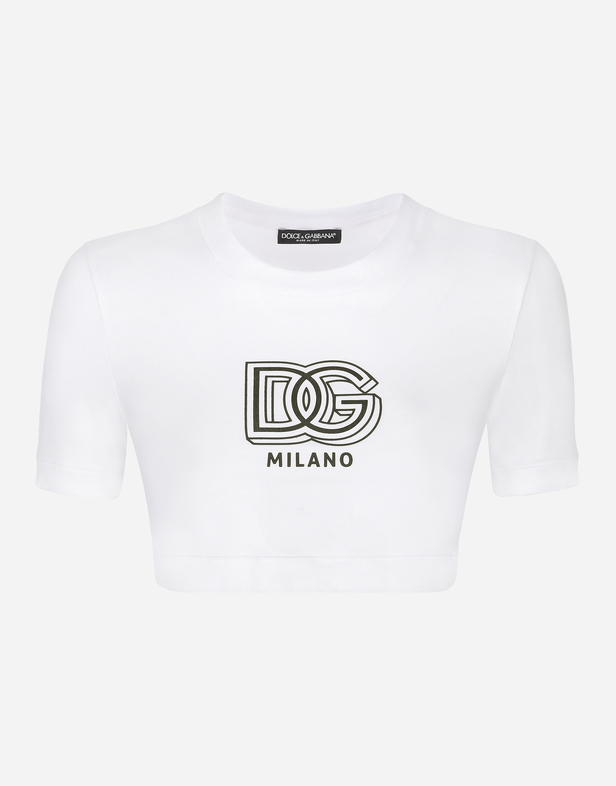 DOLCE&GABBANA レタープリント ベアパッチ Tシャツ T-shirt cropped in jersey con lettering DG in Bianco da