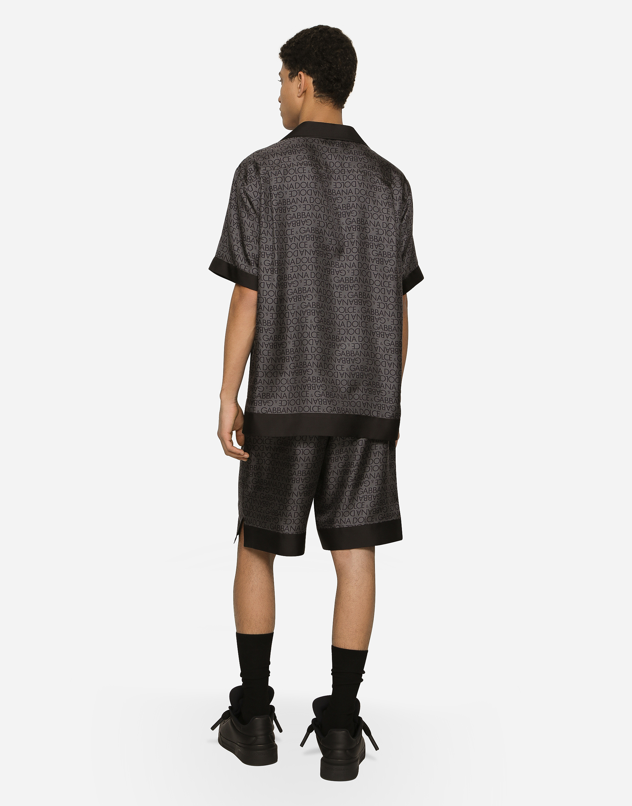 DOLCE & GABBANA SILK TWILL JOGGING SHORTS WITH LOGO PRINT