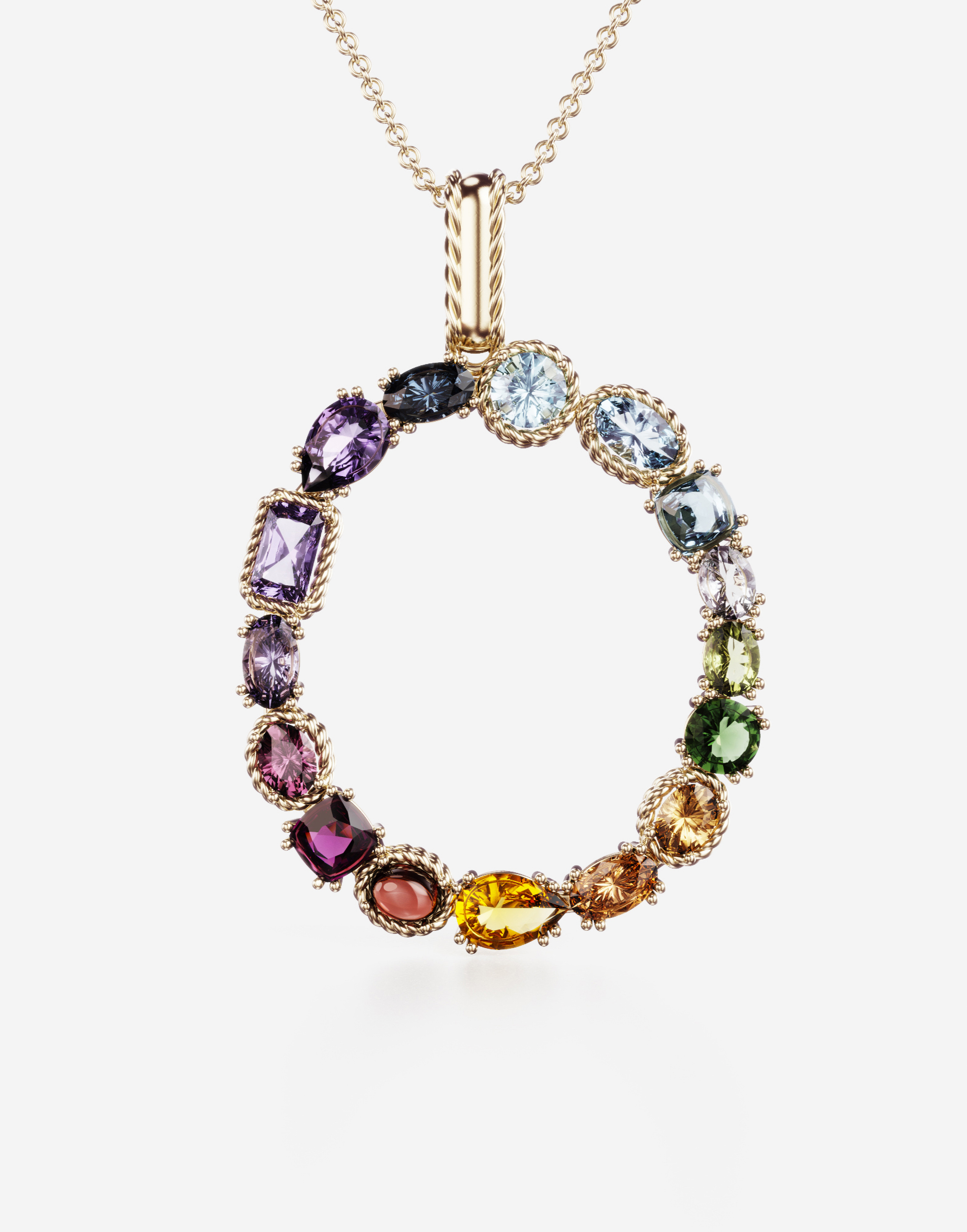 Shop Dolce & Gabbana Rainbow Alphabet O Pendant In Yellow Gold With Multicolor Fine Gems