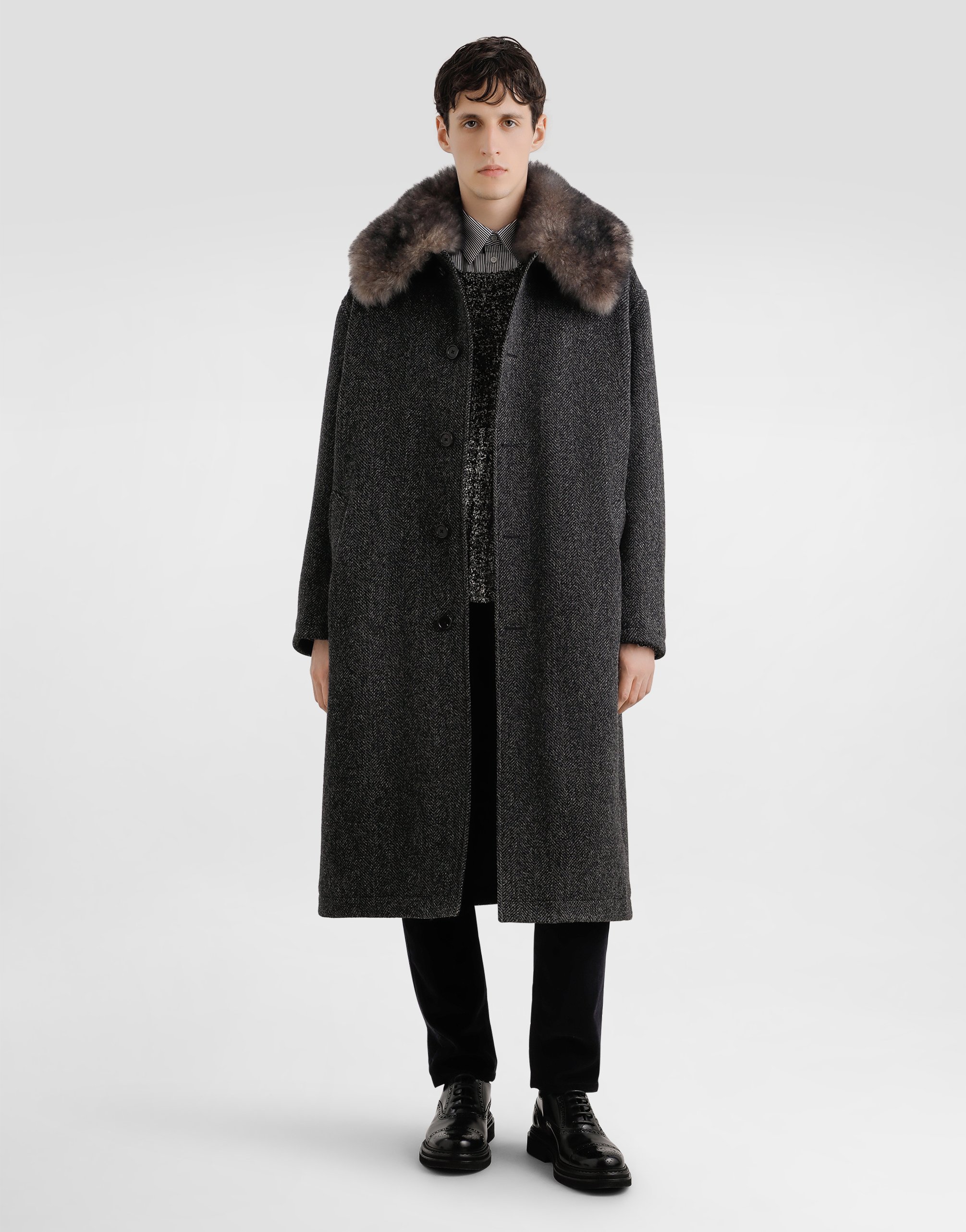 Dolce & Gabbana Wool Chevron Coat In Black